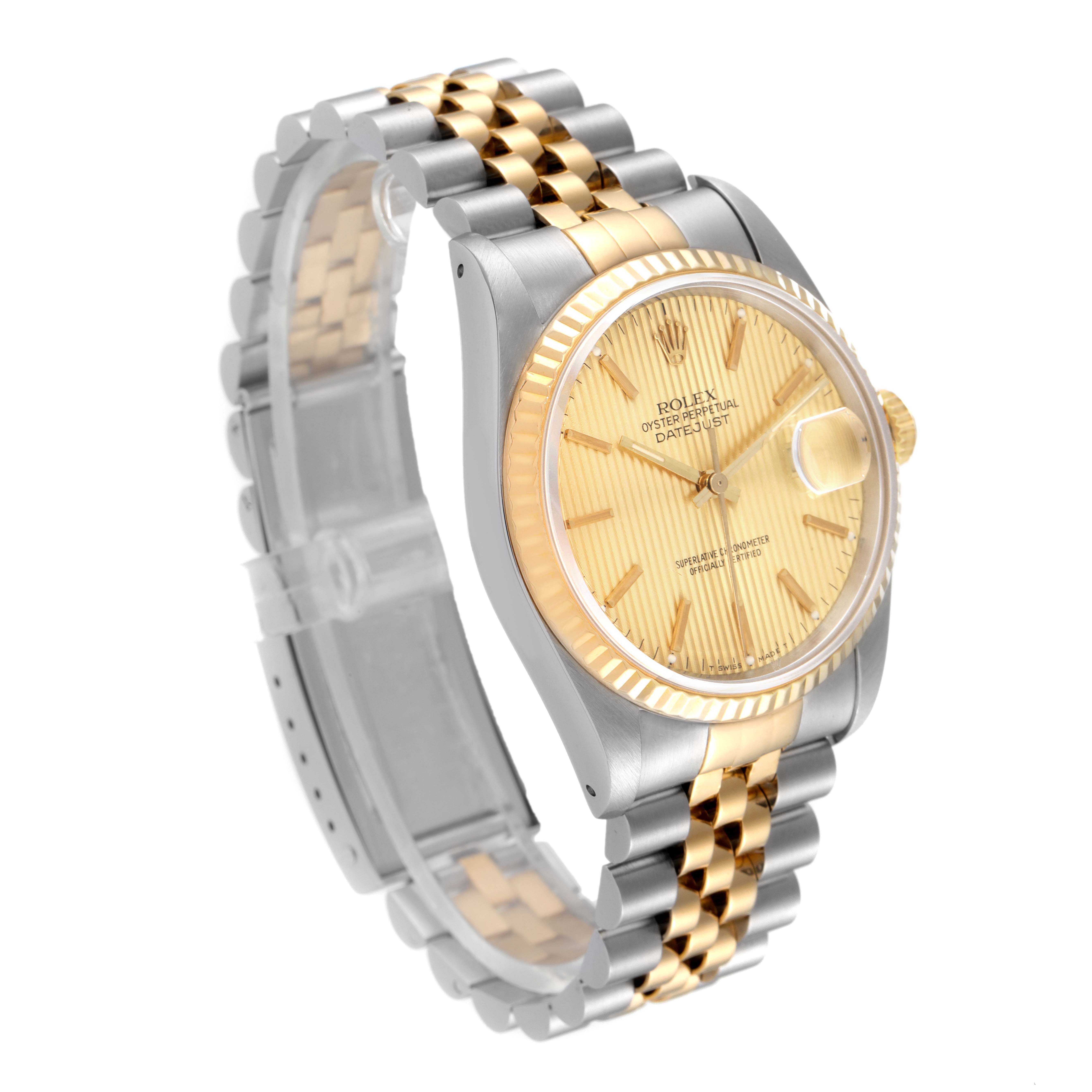 The image shows a Rolex Datejust 16233 Men's Steel and Gold (two tone) Champagne Dial 16233 Men's Steel and Gold (two tone) Champagne Dial watch at an angled side view, displaying its gold and silver two-tone bracelet and dial.
