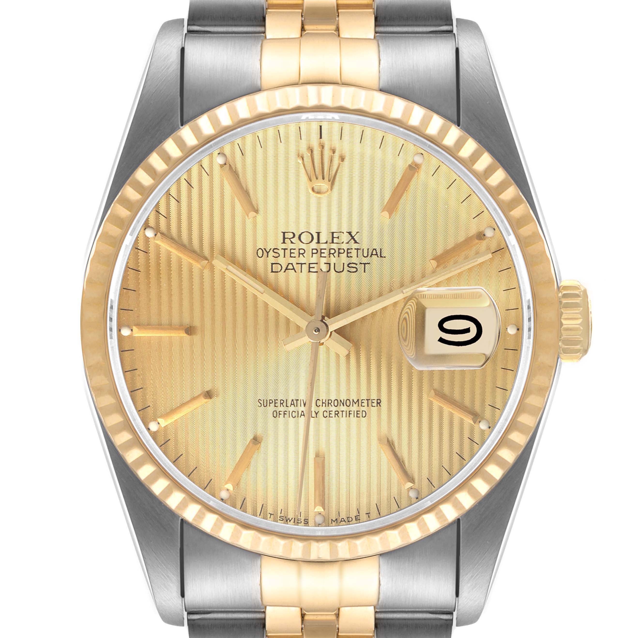 The image shows a front view of the Rolex Datejust 16233 Men's Steel and Gold (two tone) Champagne Dial 16233 Men's Steel and Gold (two tone) Champagne Dial watch, highlighting the gold dial, fluted bezel, and two-tone bracelet.