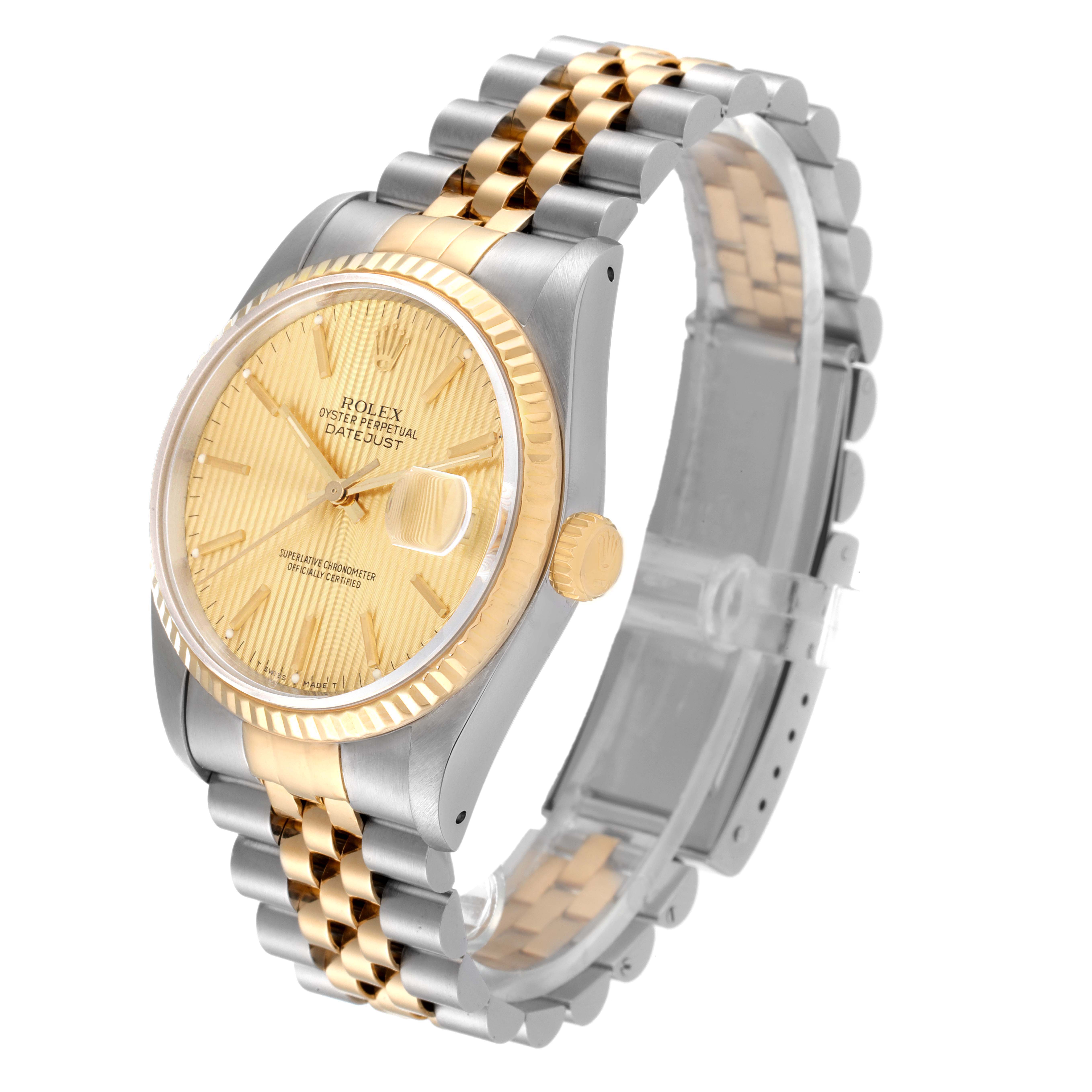 The Rolex Datejust 16233 Men's Steel and Gold (two tone) Champagne Dial 16233 Men's Steel and Gold (two tone) Champagne Dial watch is shown at an angle displaying the face, bezel, crown, and two-tone bracelet.