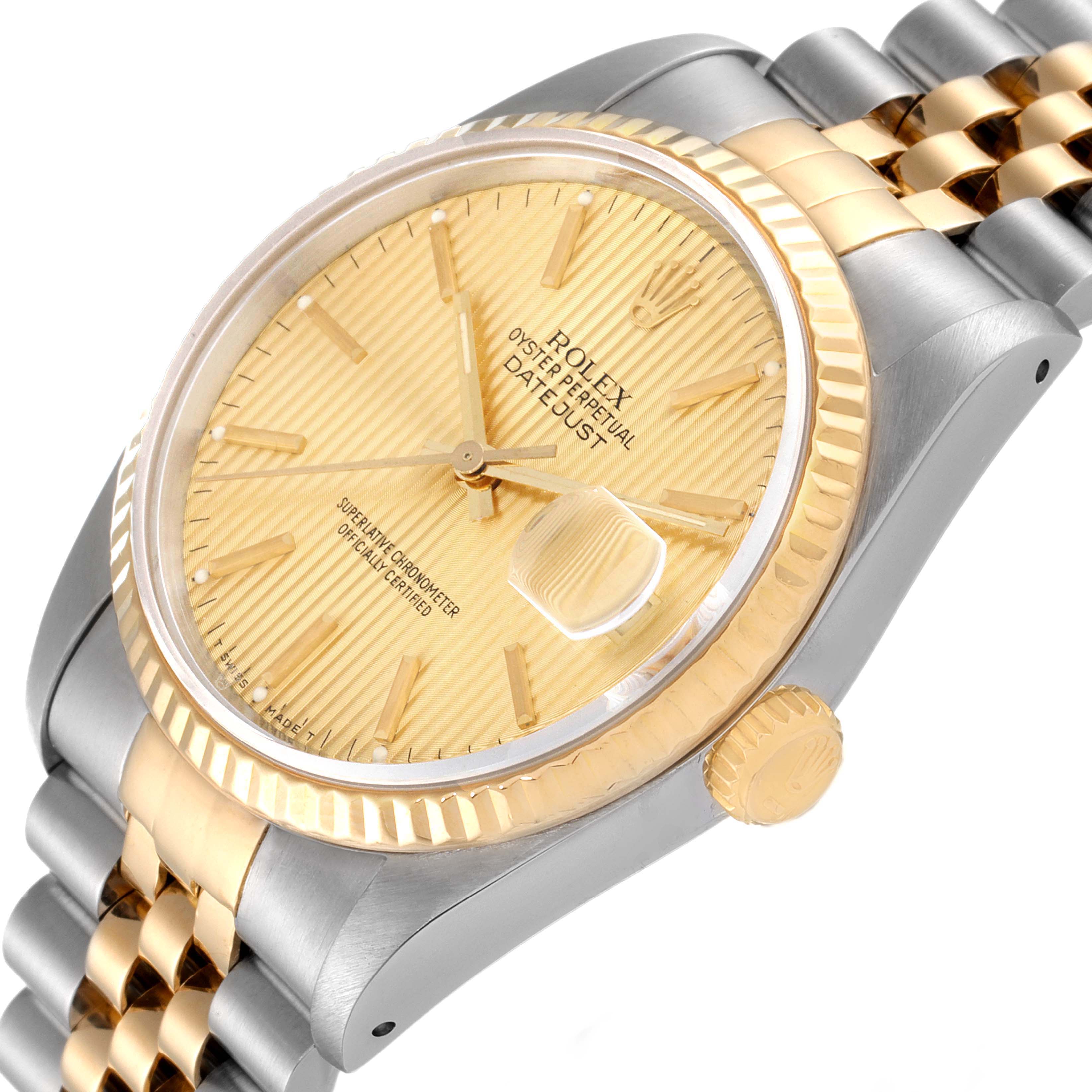 The image shows a close-up, angled view of the Rolex Datejust 16233 Men's Steel and Gold (two tone) Champagne Dial 16233 Men's Steel and Gold (two tone) Champagne Dial watch displaying its face, crown, and part of the bracelet.
