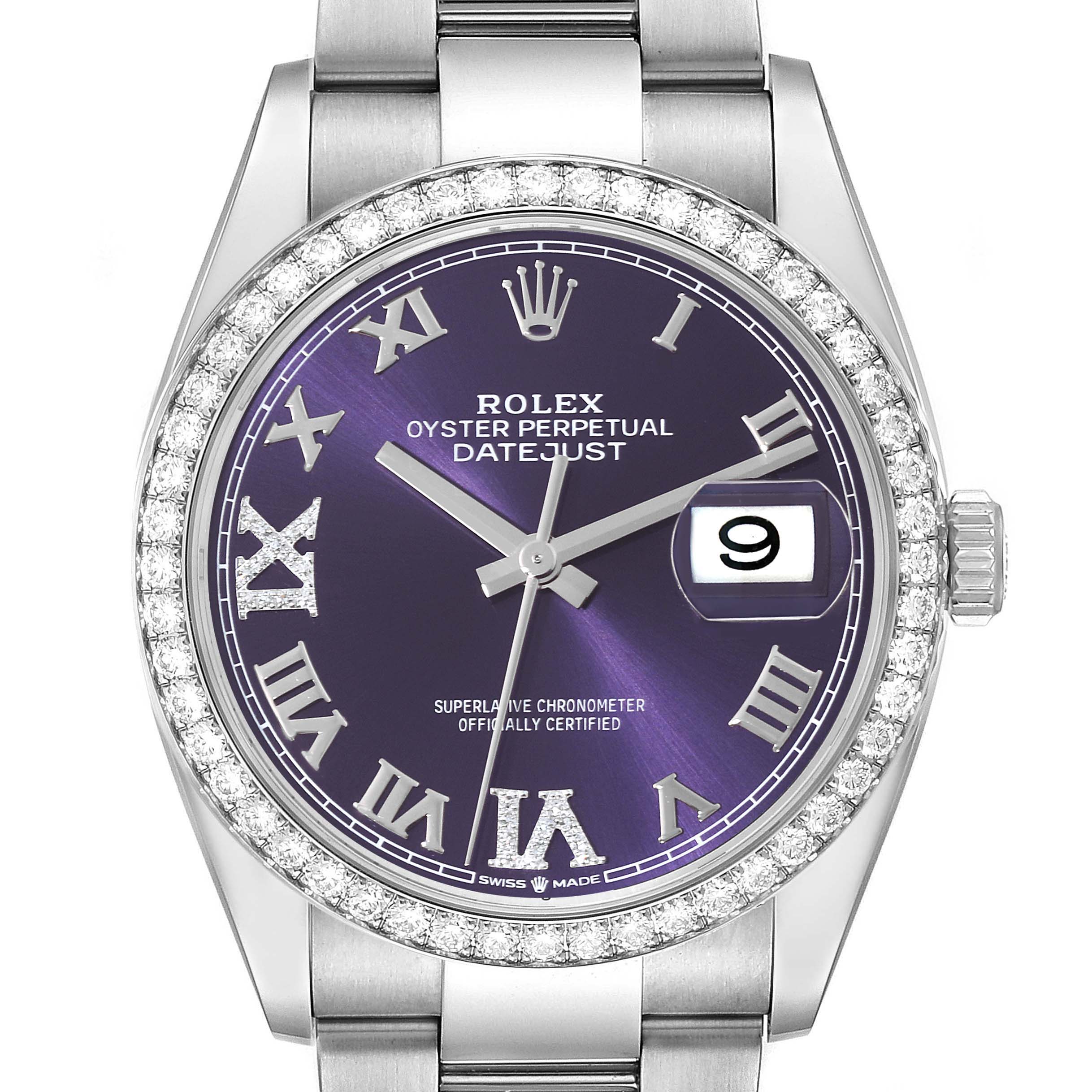 The image shows a front view of a Rolex Datejust 126284RBR Men's Stainless Steel Purple Dial 126284RBR Men's Stainless Steel Purple Dial watch, highlighting its purple dial, date window, and diamond-encrusted bezel.