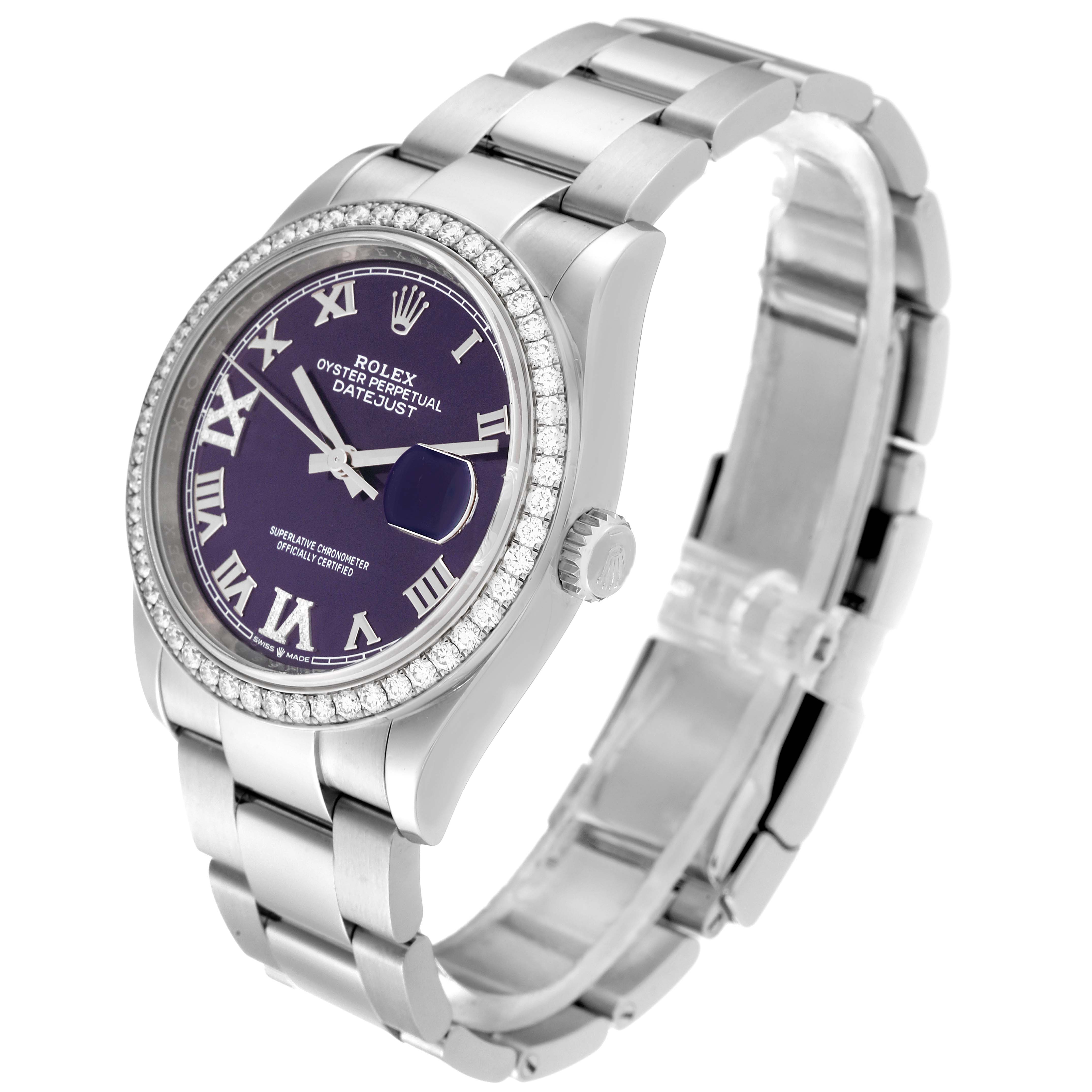 This image shows a Rolex Datejust 126284RBR Men's Stainless Steel Purple Dial 126284RBR Men's Stainless Steel Purple Dial watch from a side angle, highlighting its dial, bezel, crown, and bracelet.
