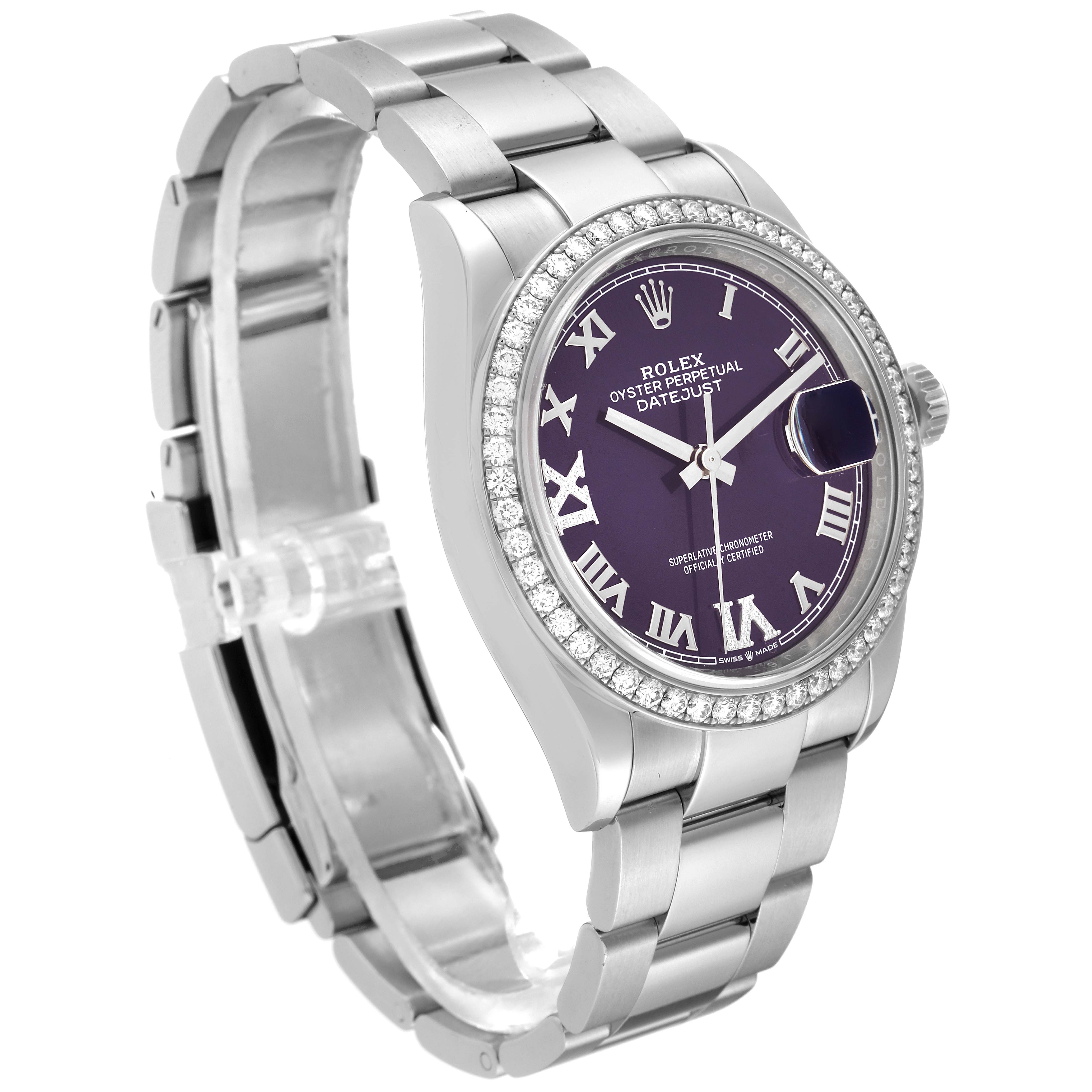 The Rolex Datejust 126284RBR Men's Stainless Steel Purple Dial 126284RBR Men's Stainless Steel Purple Dial watch is shown at a three-quarters angle highlighting the face, bezel, and part of the bracelet.