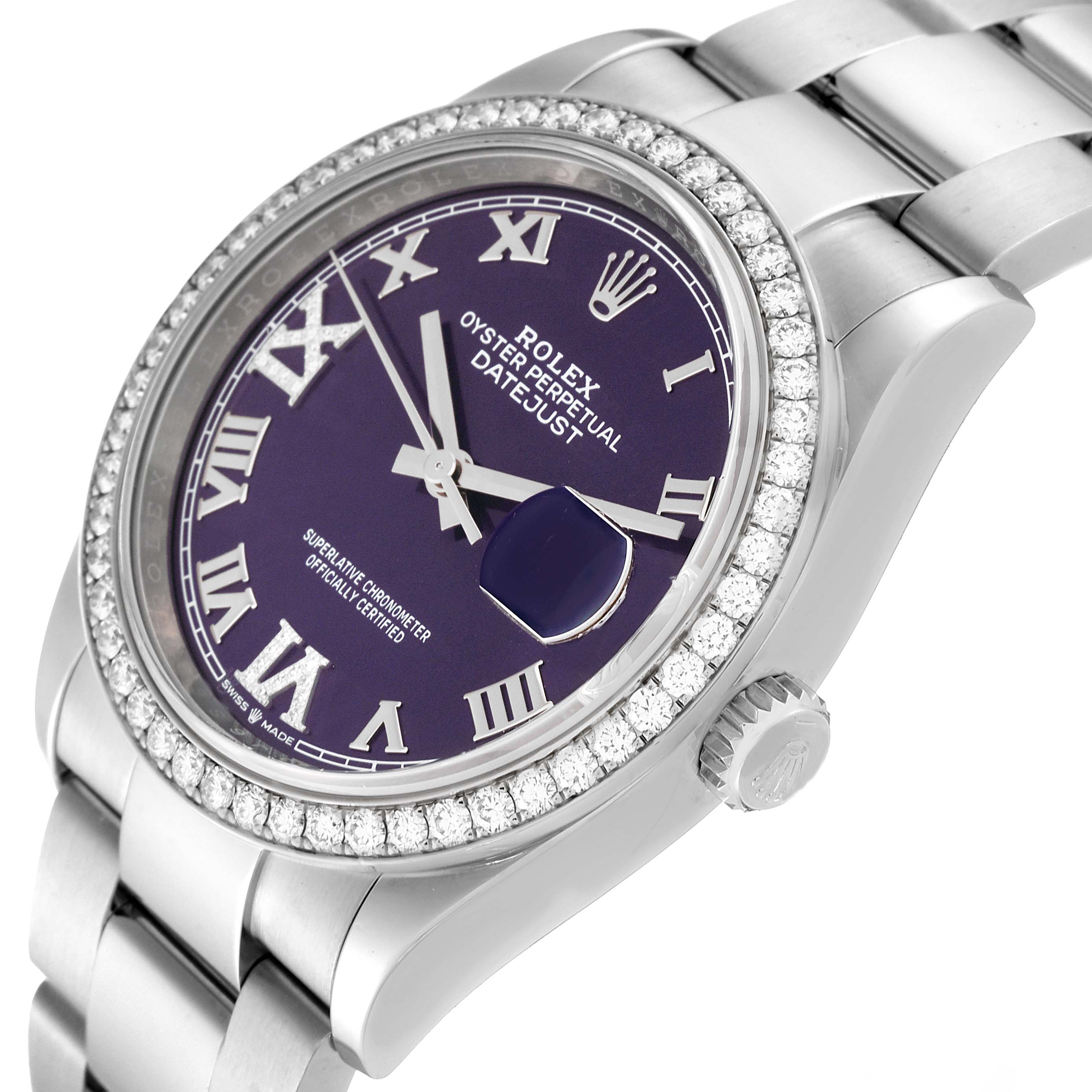 This image shows a close-up of the Rolex Datejust 126284RBR Men's Stainless Steel Purple Dial 126284RBR Men's Stainless Steel Purple Dial watch at a slight angle, highlighting the purple dial, diamond bezel, and part of the bracelet.