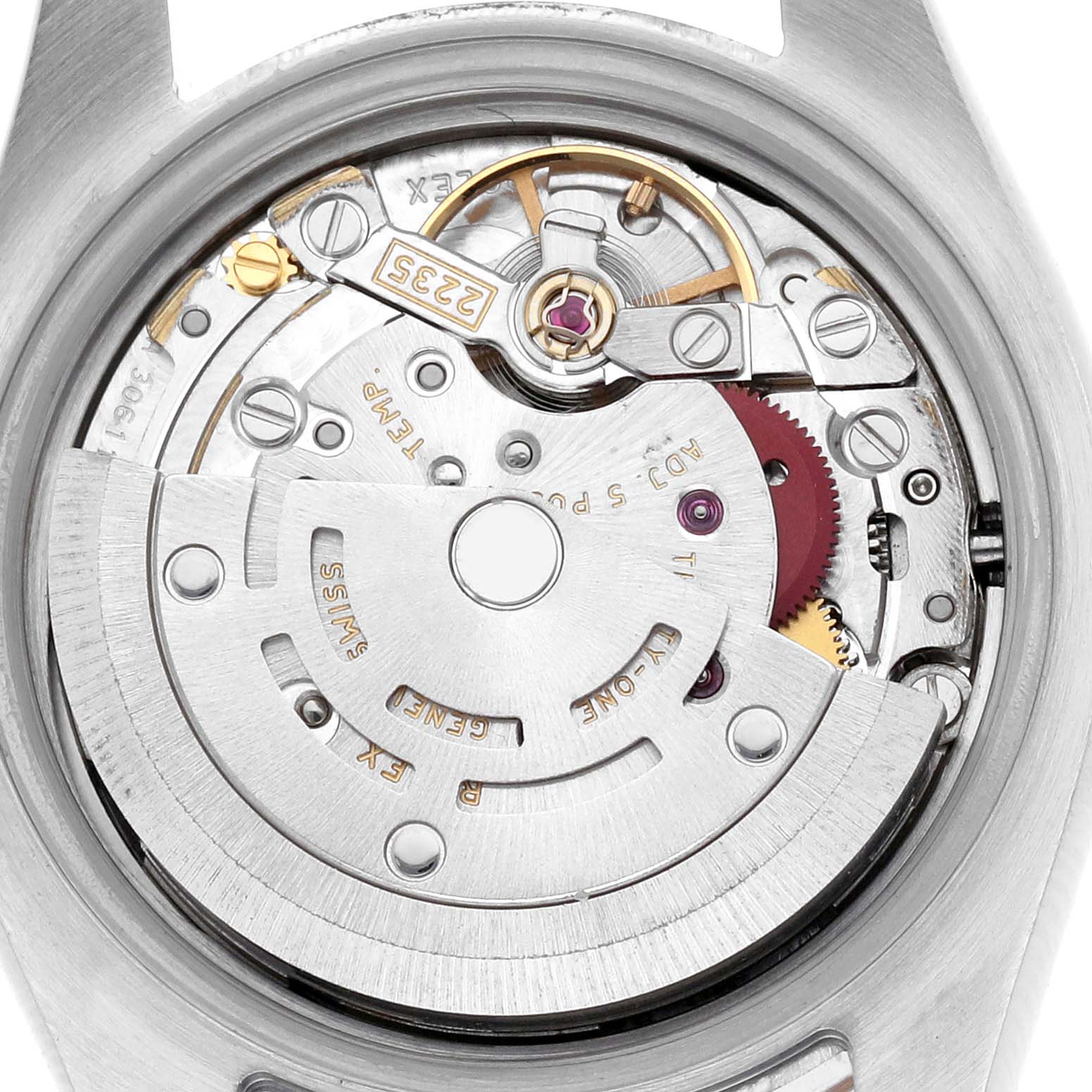 The image shows the back view of a Rolex Datejust 179171 Women's Steel and Gold (two tone) Black Dial 179171 Women's Steel and Gold (two tone) Black Dial movement, revealing intricate mechanical parts and inscriptions.