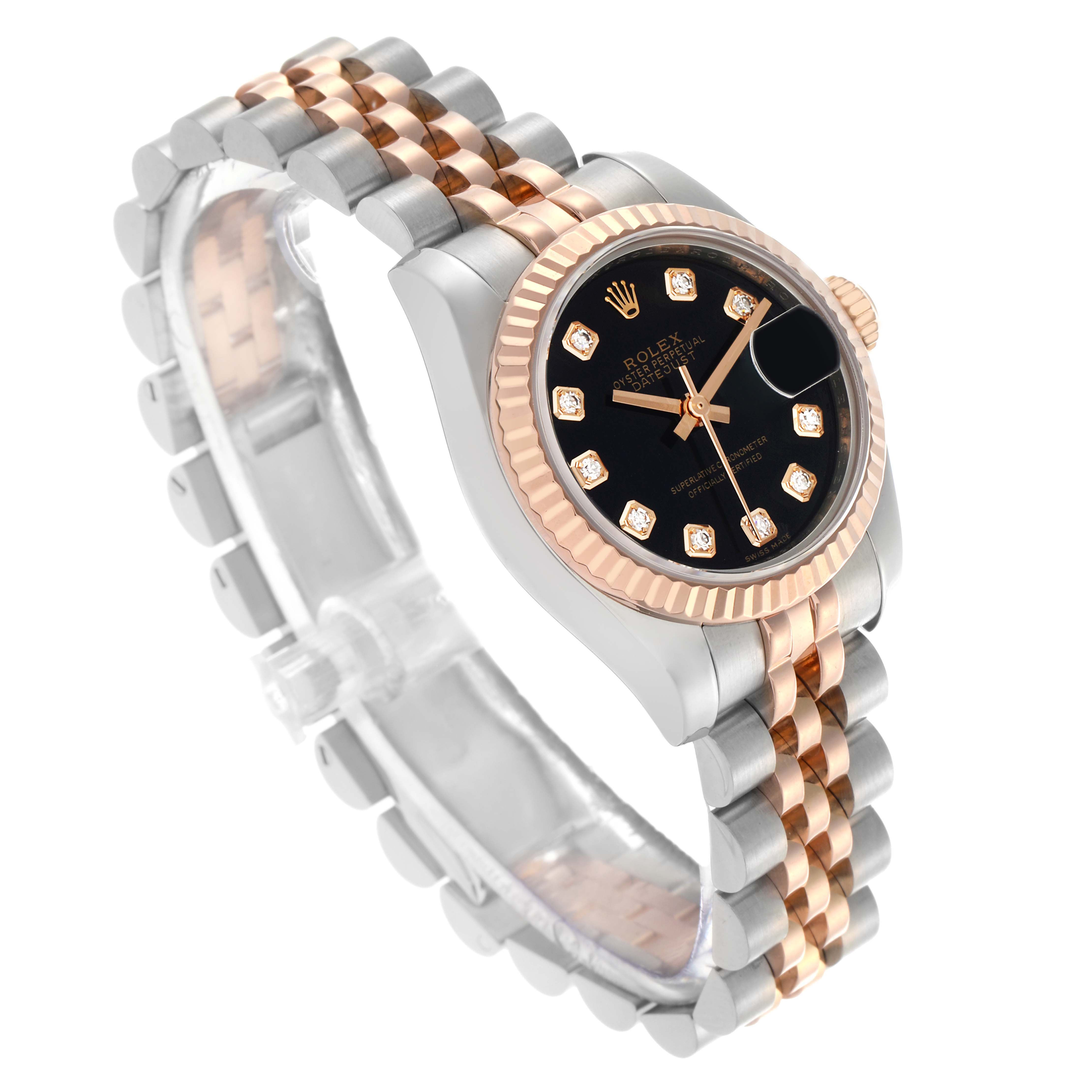 The Rolex Datejust 179171 Women's Steel and Gold (two tone) Black Dial 179171 Women's Steel and Gold (two tone) Black Dial watch is shown at a three-quarter angle, highlighting the black dial, gold bezel, and two-tone bracelet.