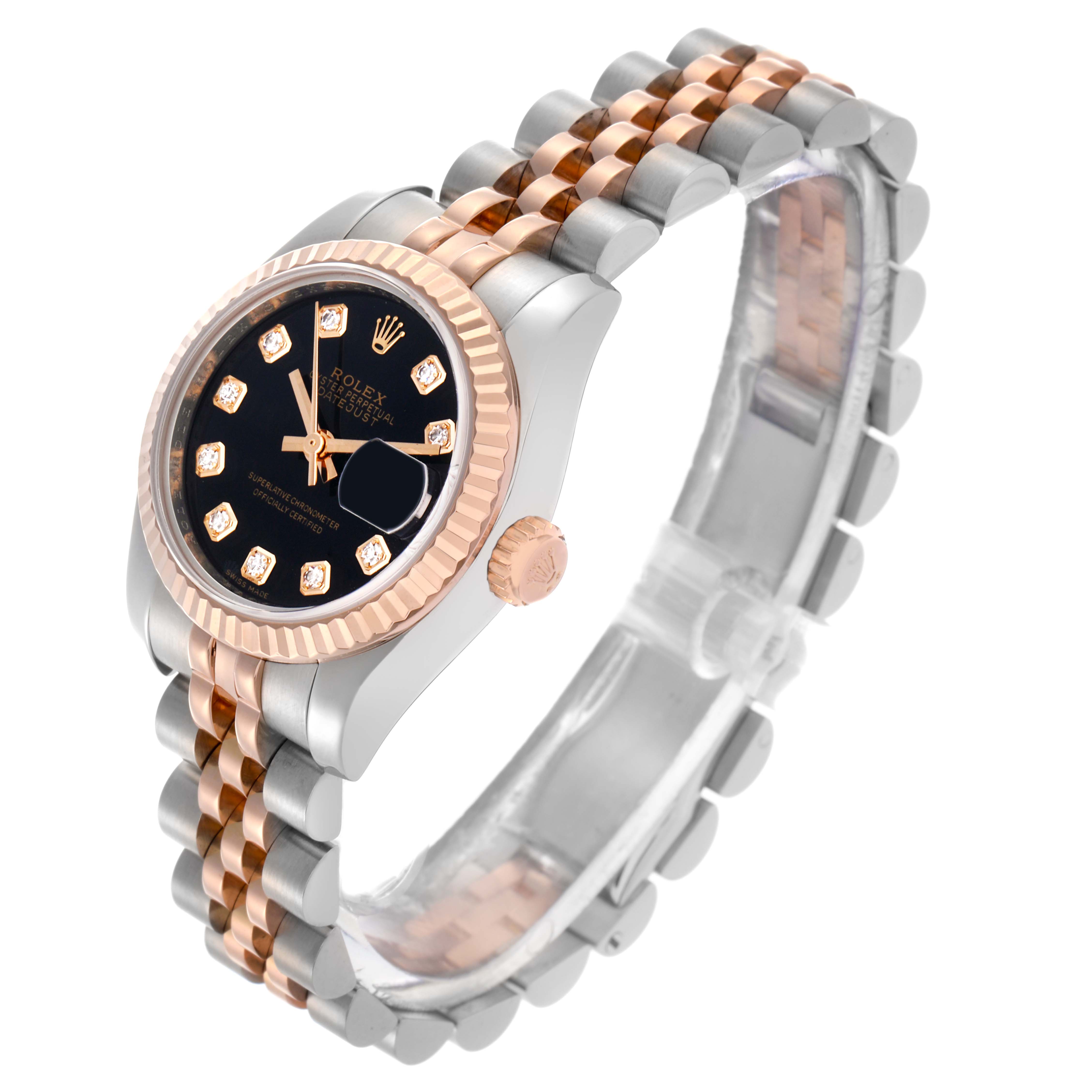 The Rolex Datejust 179171 Women's Steel and Gold (two tone) Black Dial 179171 Women's Steel and Gold (two tone) Black Dial watch is shown at an angled side view, highlighting its two-tone bracelet and diamond-accented black dial.