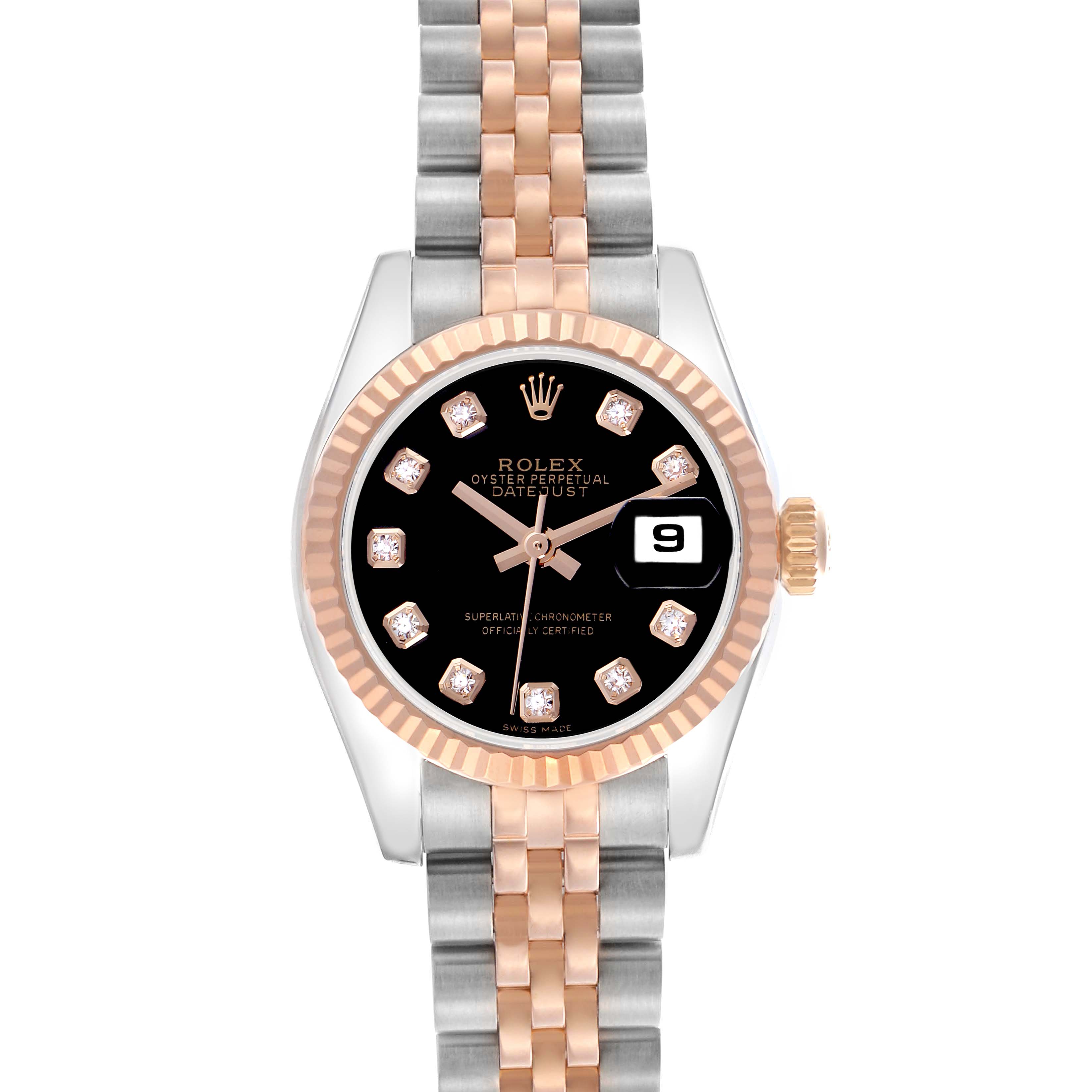 The Rolex Datejust 179171 Women's Steel and Gold (two tone) Black Dial 179171 Women's Steel and Gold (two tone) Black Dial watch is shown from a front angle, highlighting the dial, bezel, and bracelet.