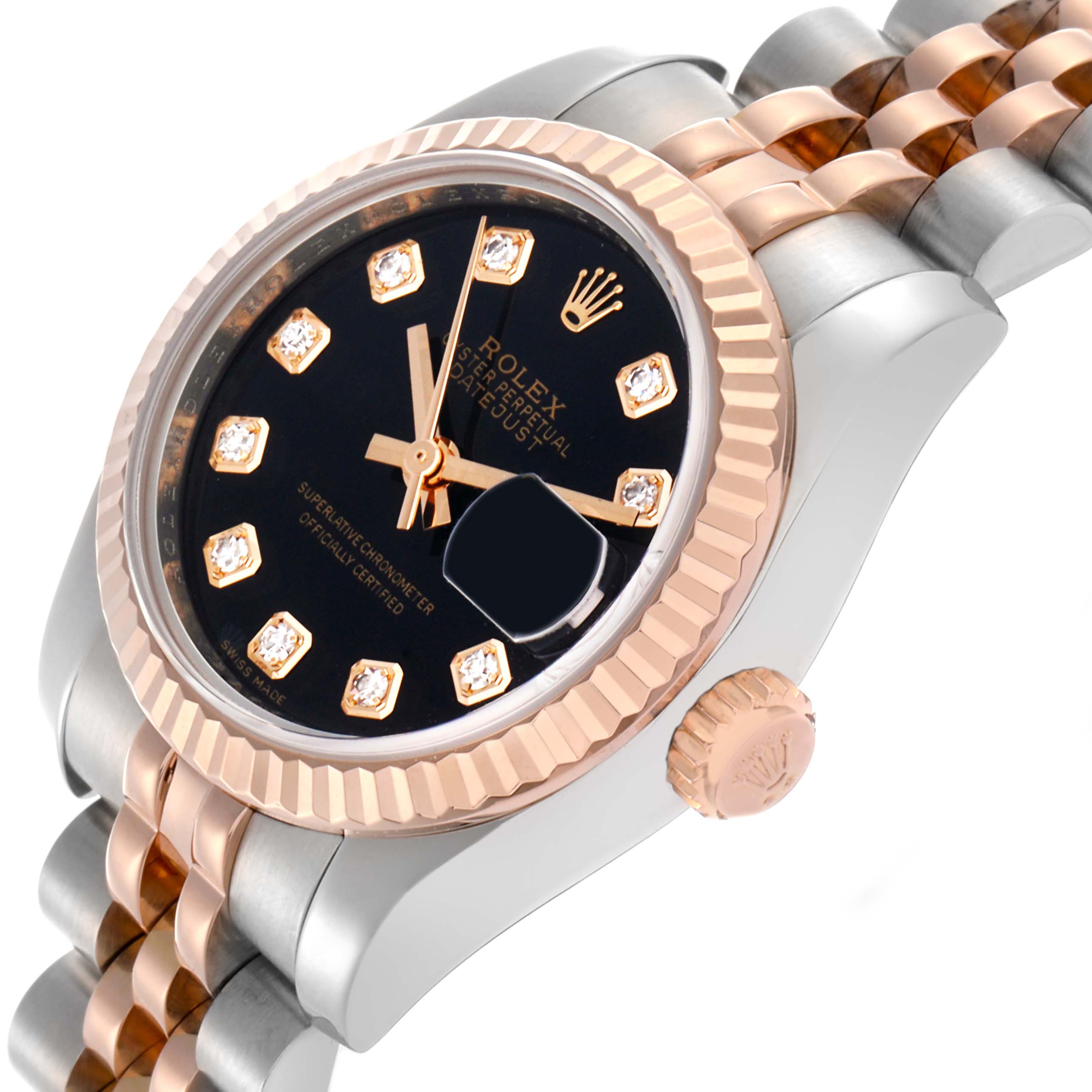 The Rolex Datejust 179171 Women's Steel and Gold (two tone) Black Dial 179171 Women's Steel and Gold (two tone) Black Dial watch is shown at an angle highlighting the bezel, crown, black dial, and part of the bracelet.