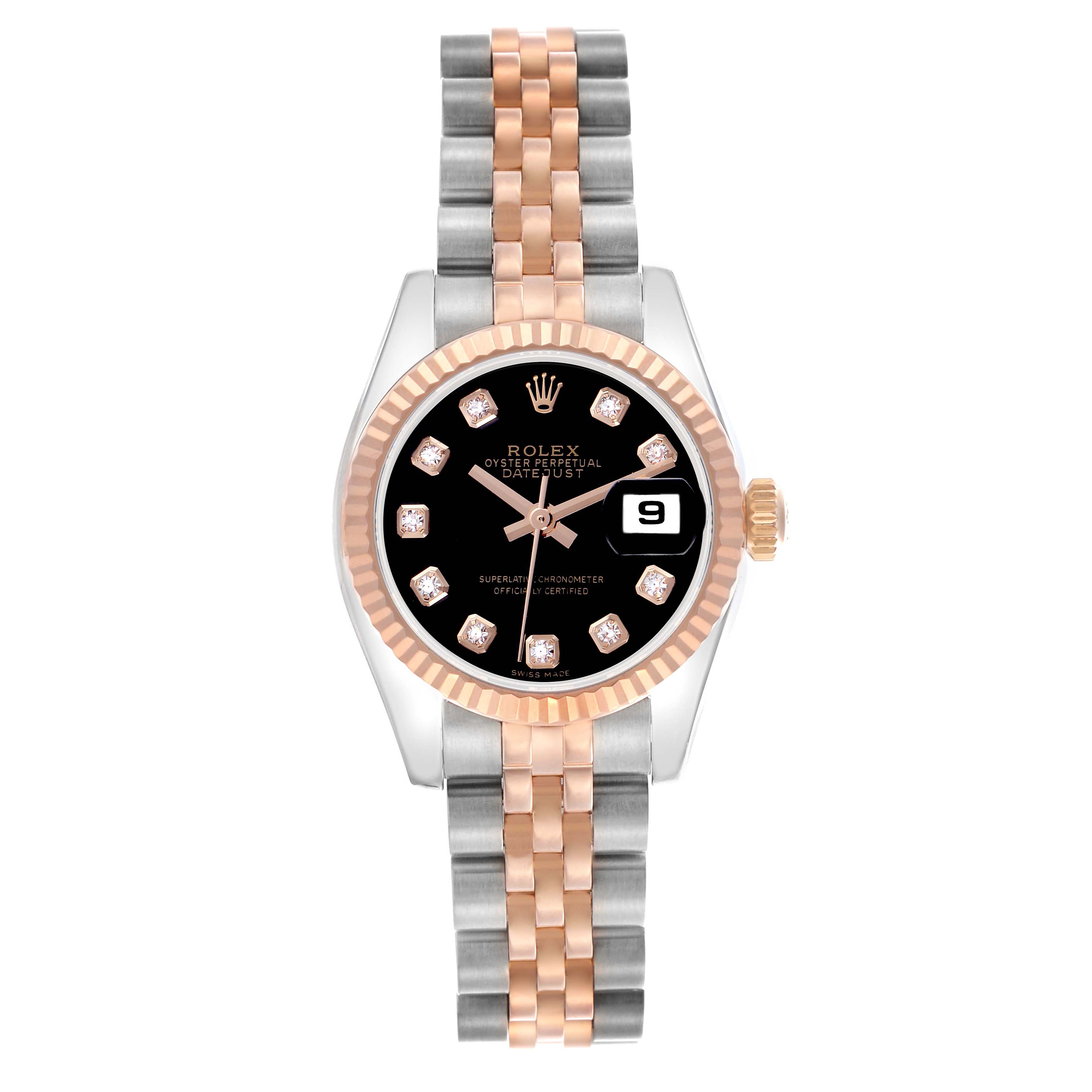 The Rolex Datejust 179171 Women's Steel and Gold (two tone) Black Dial 179171 Women's Steel and Gold (two tone) Black Dial watch is shown from a top-down view, featuring its two-tone bracelet, fluted bezel, and black dial.