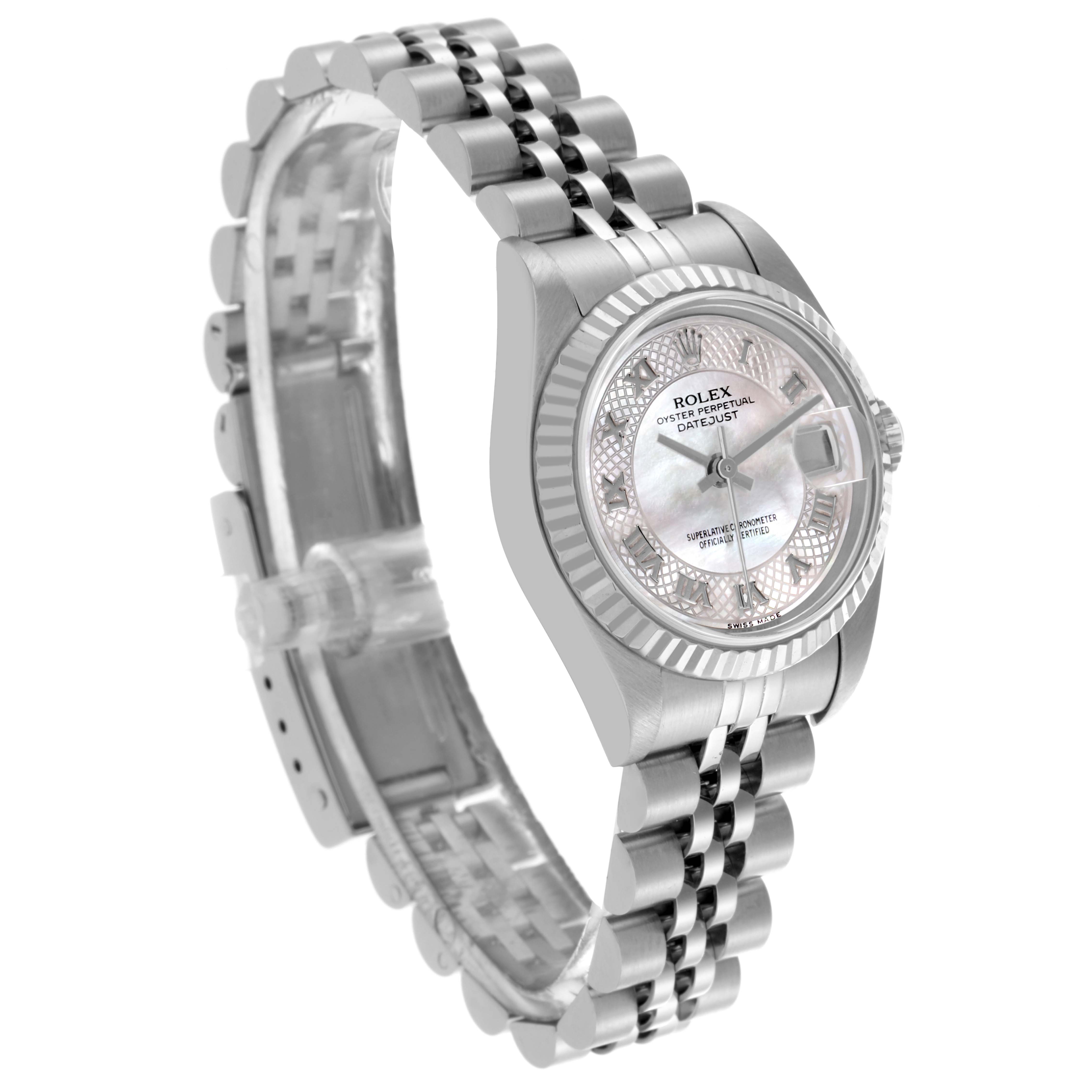 The Rolex Datejust 79174NRD Women's Stainless Steel Mother of Pearl Dial 79174NRD Women's Stainless Steel Mother of Pearl Dial watch is shown at a three-quarter angle, highlighting the face, bezel, and jubilee bracelet.