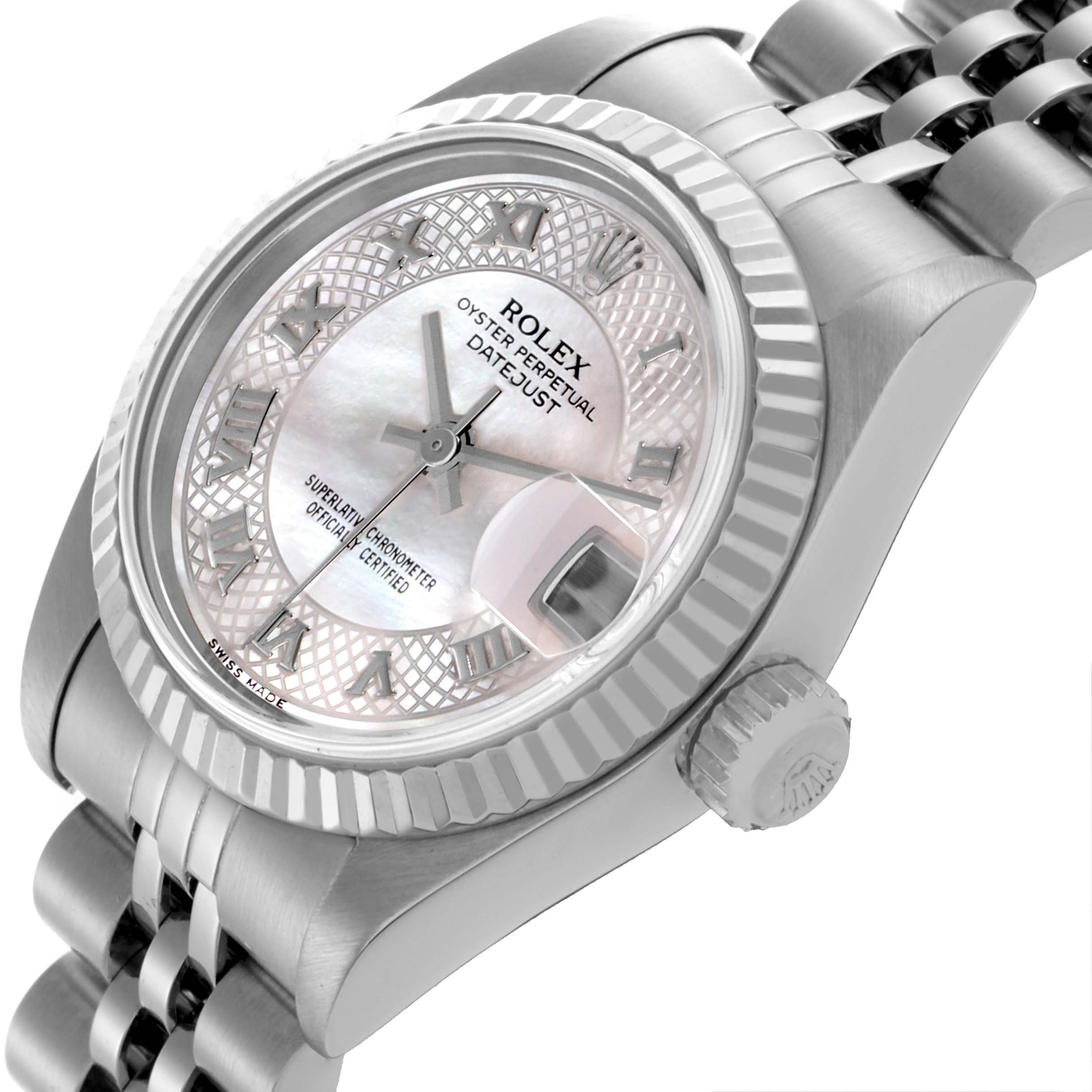 The Rolex Datejust 79174NRD Women's Stainless Steel Mother of Pearl Dial 79174NRD Women's Stainless Steel Mother of Pearl Dial watch is shown at an angled side view, highlighting the bezel, crown, dial, and part of the bracelet.