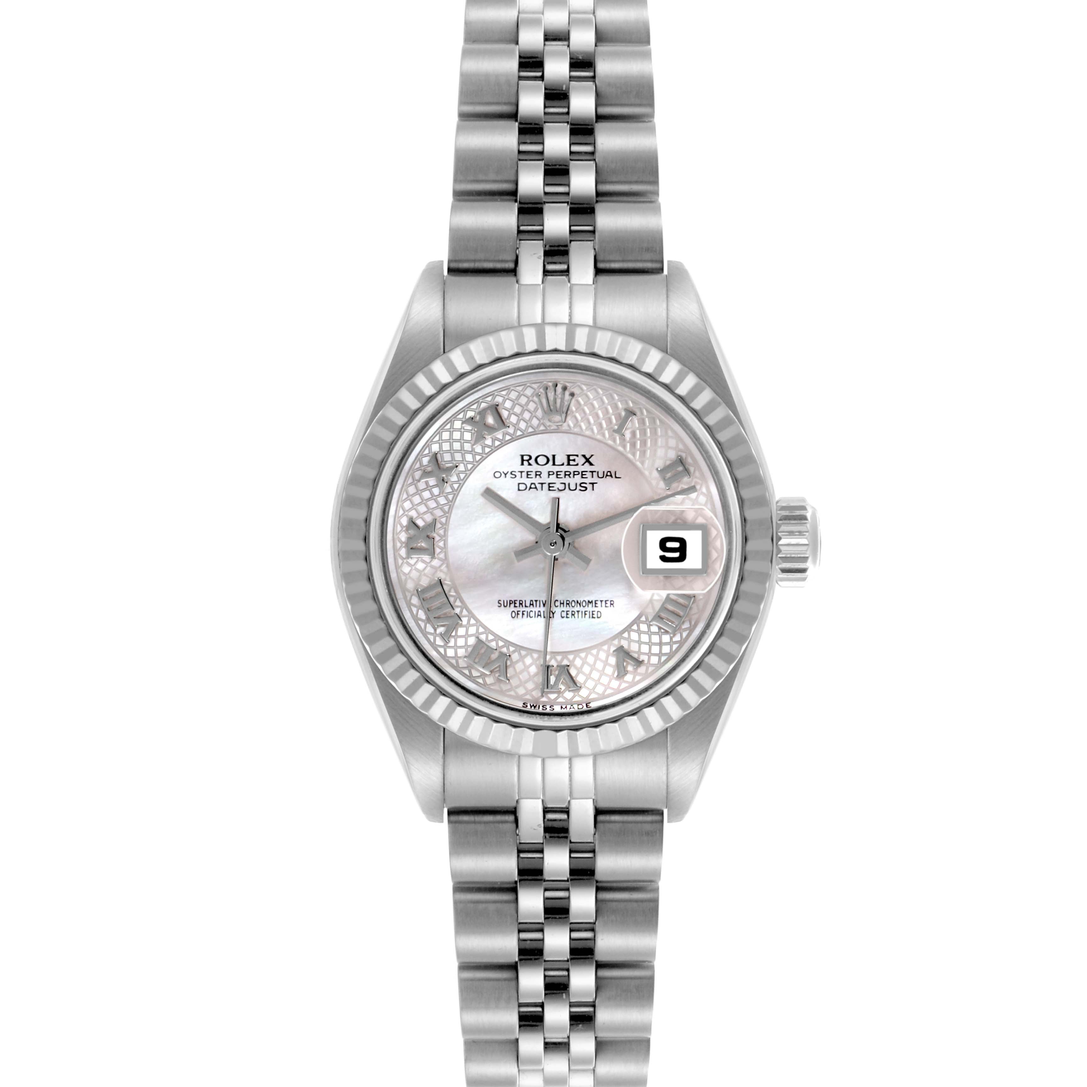 The Rolex Datejust 79174NRD Women's Stainless Steel Mother of Pearl Dial 79174NRD Women's Stainless Steel Mother of Pearl Dial watch is shown from a front angle, displaying the dial, fluted bezel, and bracelet.