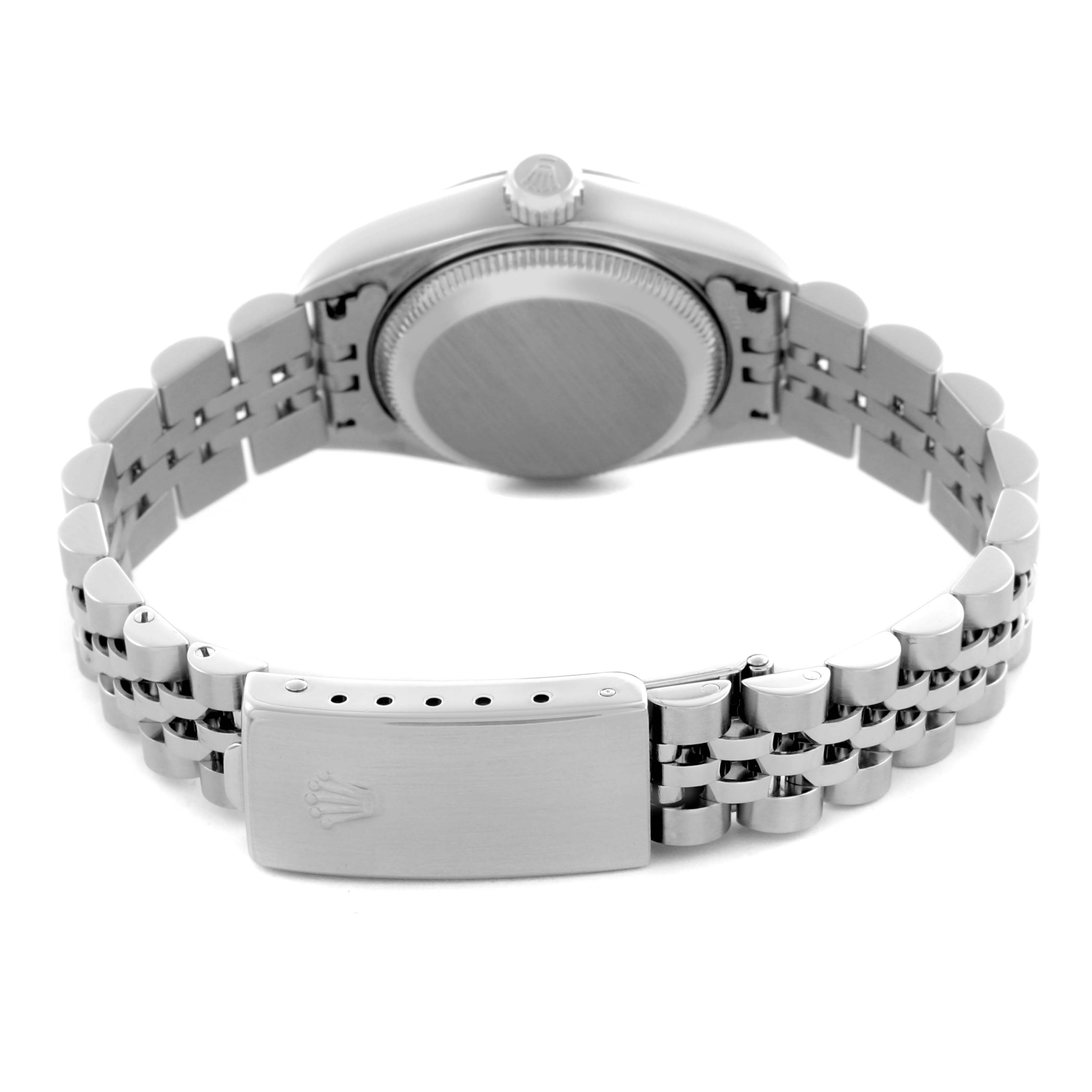 This image shows the back view of a Rolex Datejust 79174NRD Women's Stainless Steel Mother of Pearl Dial 79174NRD Women's Stainless Steel Mother of Pearl Dial watch, highlighting its case, bracelet, and clasp.