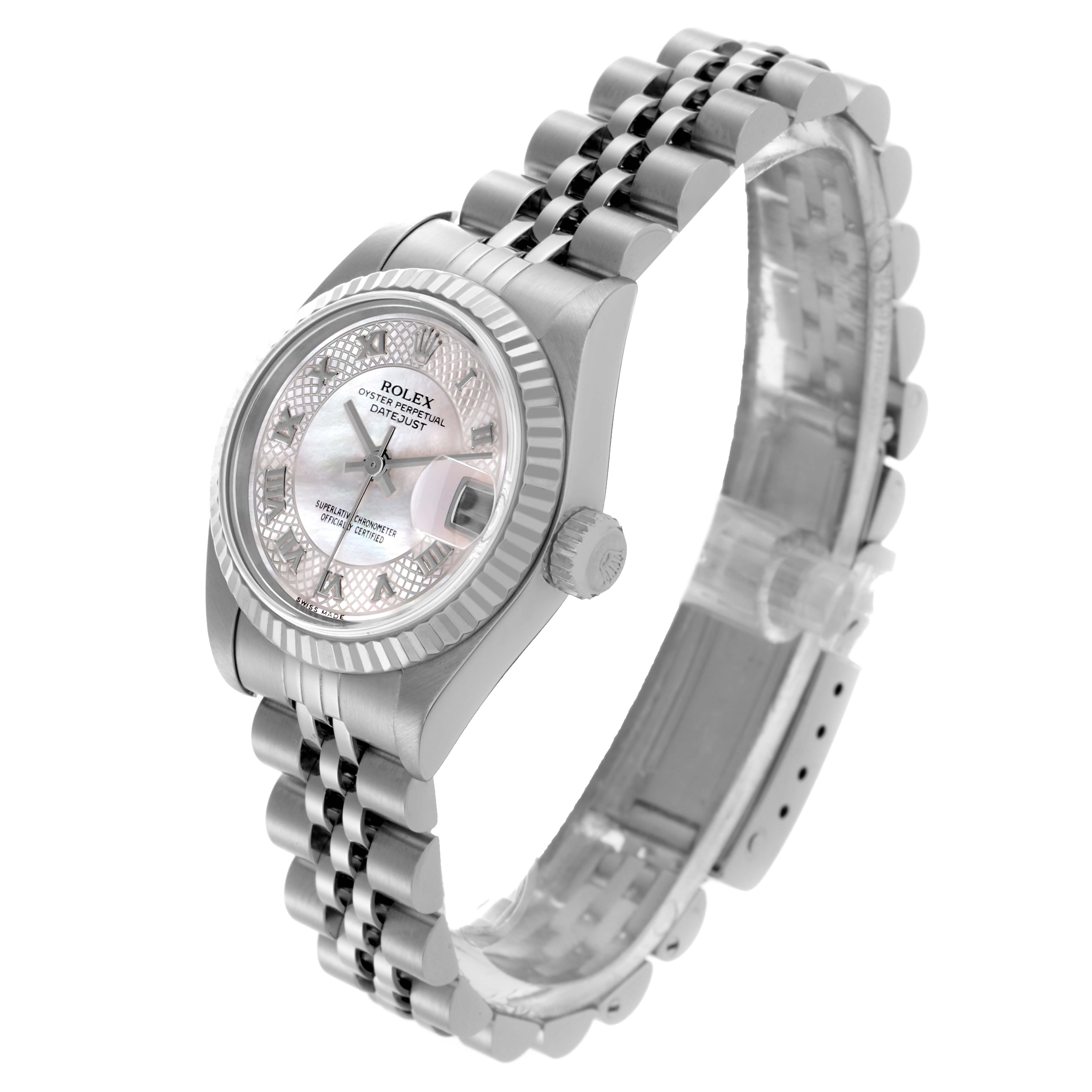 The Rolex Datejust 79174NRD Women's Stainless Steel Mother of Pearl Dial 79174NRD Women's Stainless Steel Mother of Pearl Dial is shown at a slight overhead angle, displaying the dial, bezel, and Jubilee bracelet.