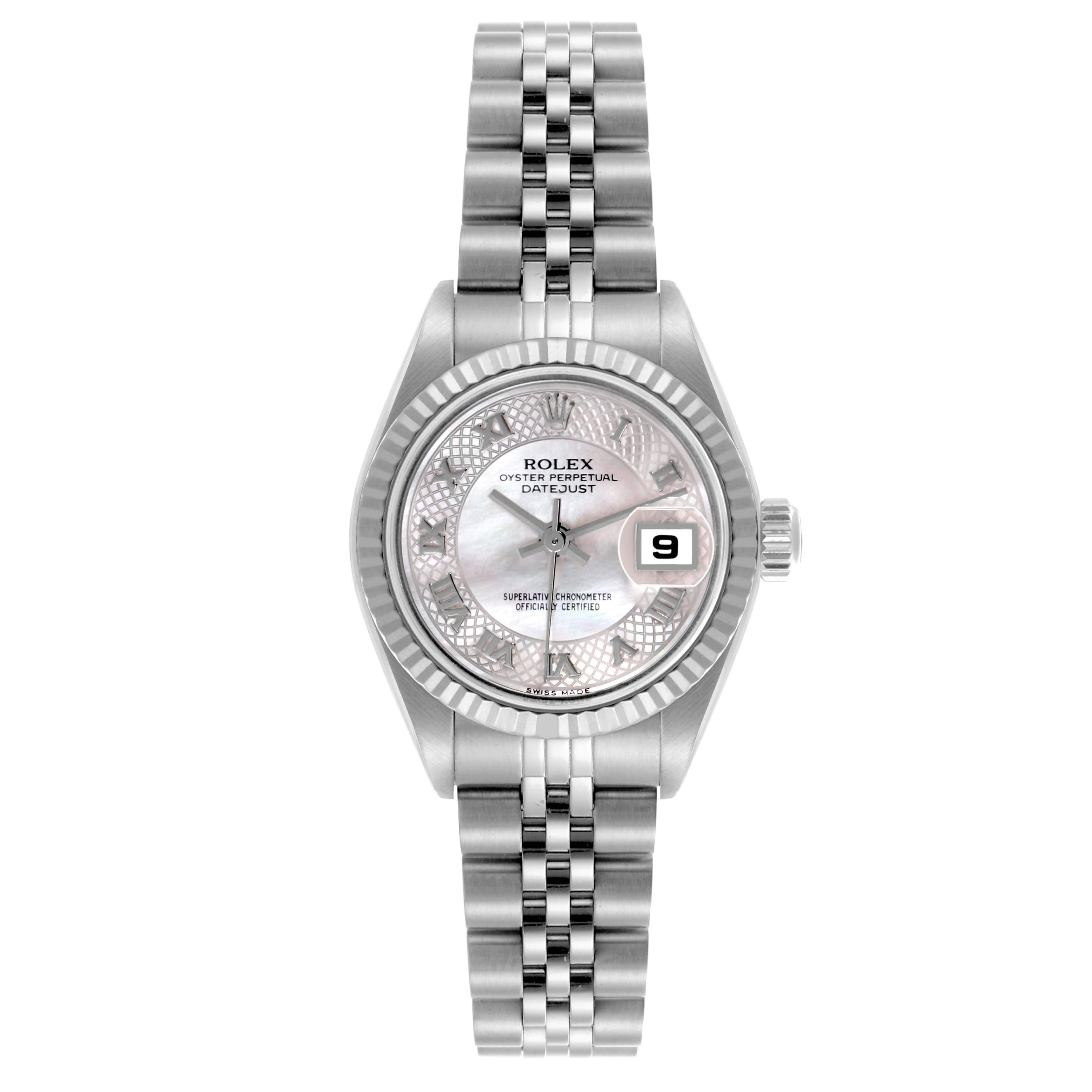 The Rolex Datejust 79174NRD Women's Stainless Steel Mother of Pearl Dial 79174NRD Women's Stainless Steel Mother of Pearl Dial watch is shown from a top-down angle, highlighting the dial, bracelet, crown, and date window.