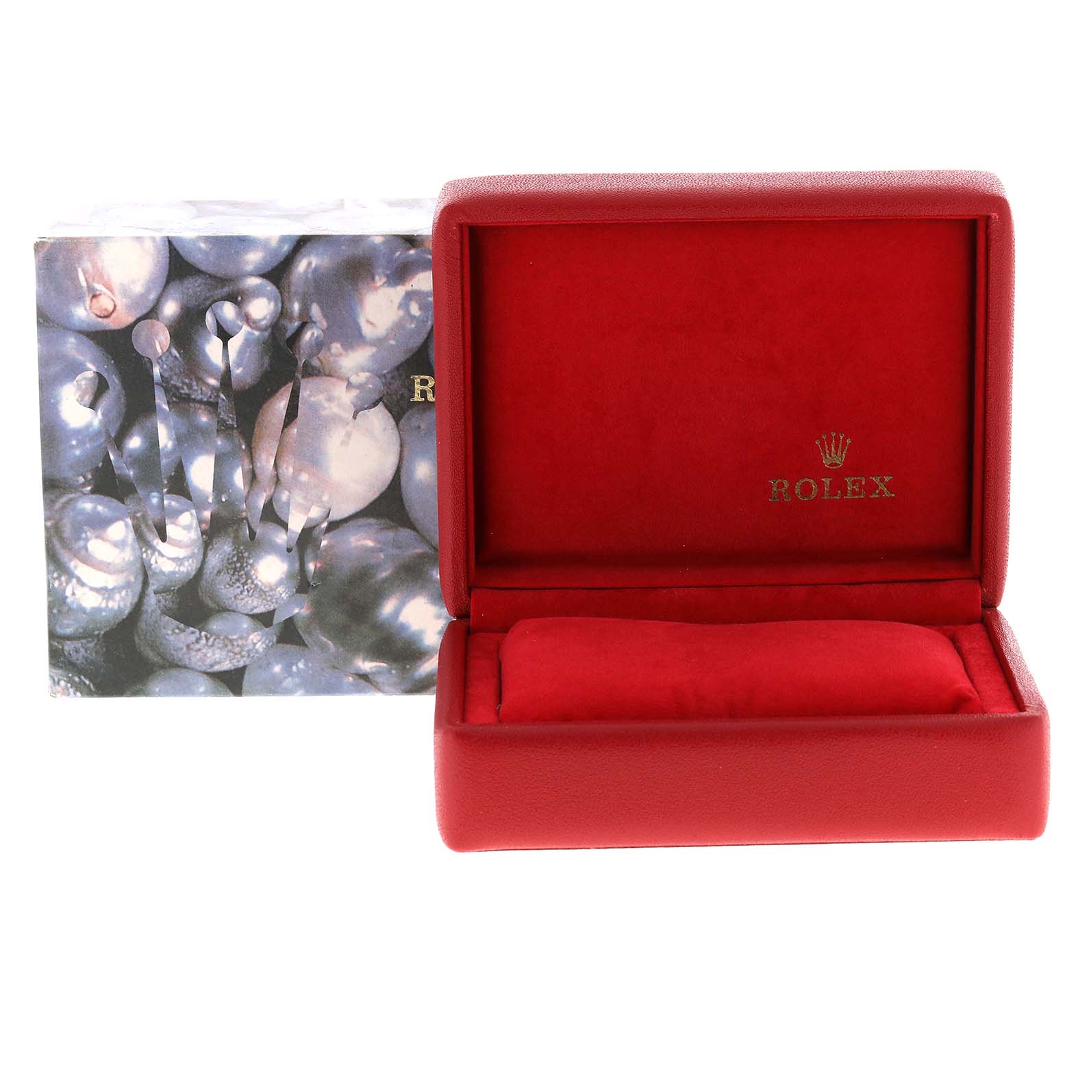 This image shows an open Rolex Datejust 79174 Women's Stainless Steel Mother of Pearl Dial 79174 Women's Stainless Steel Mother of Pearl Dial watch box with a red interior and an outer decorative box.