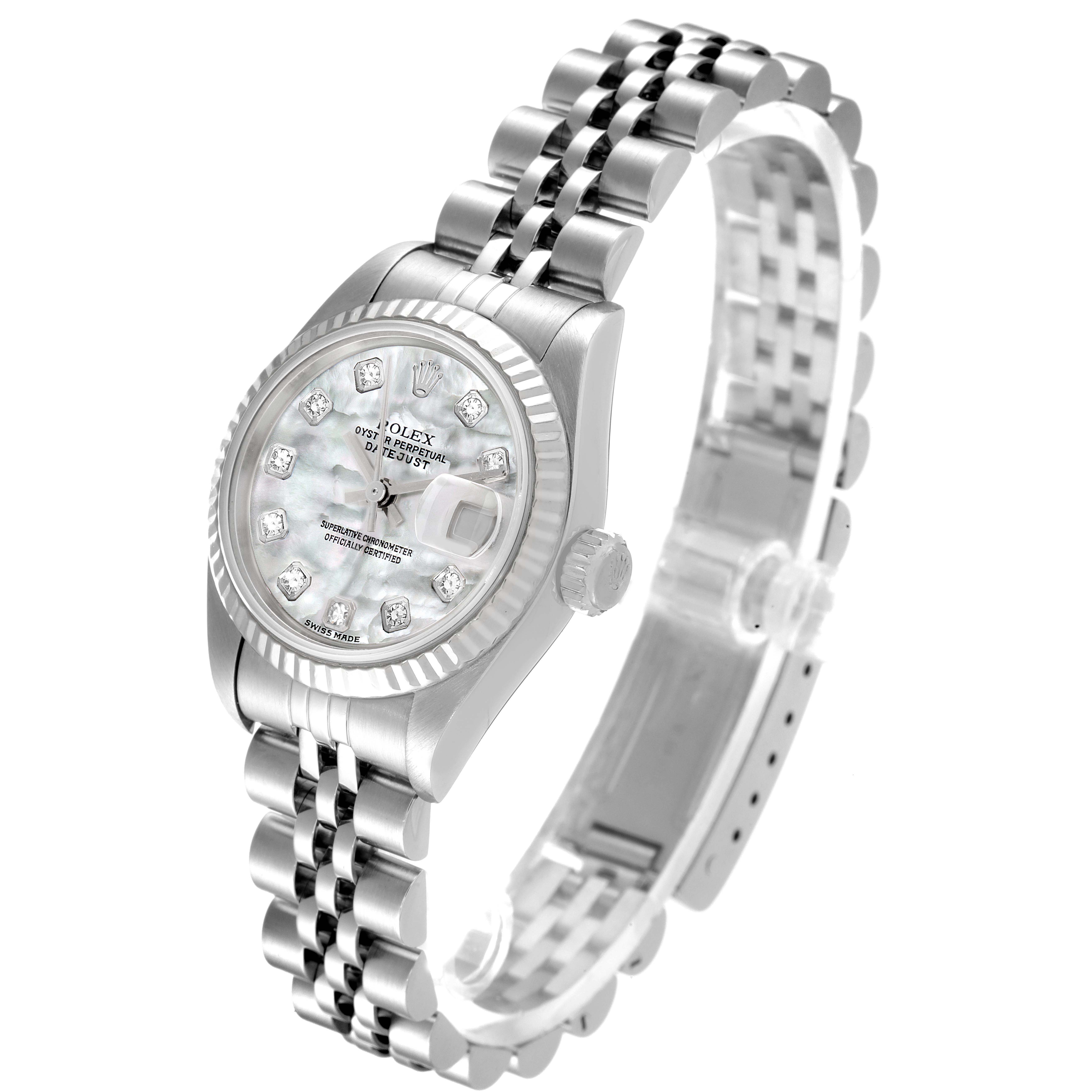 The image shows a Rolex Datejust 79174 Women's Stainless Steel Mother of Pearl Dial 79174 Women's Stainless Steel Mother of Pearl Dial watch angled to display the dial, crown, bezel, and part of the bracelet.