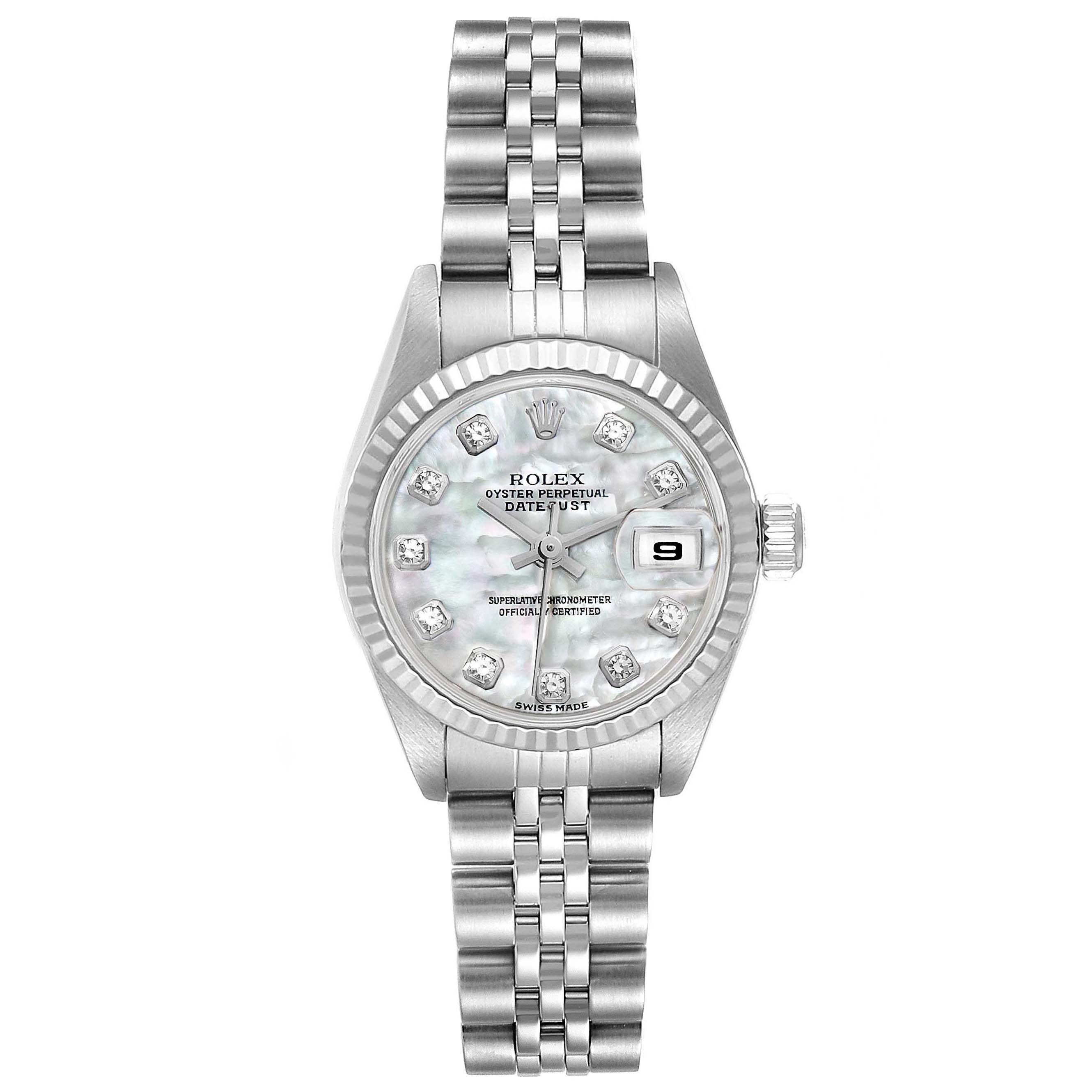 The image shows a front view of a Rolex Datejust 79174 Women's Stainless Steel Mother of Pearl Dial 79174 Women's Stainless Steel Mother of Pearl Dial watch, including its dial, bezel, crown, and bracelet.
