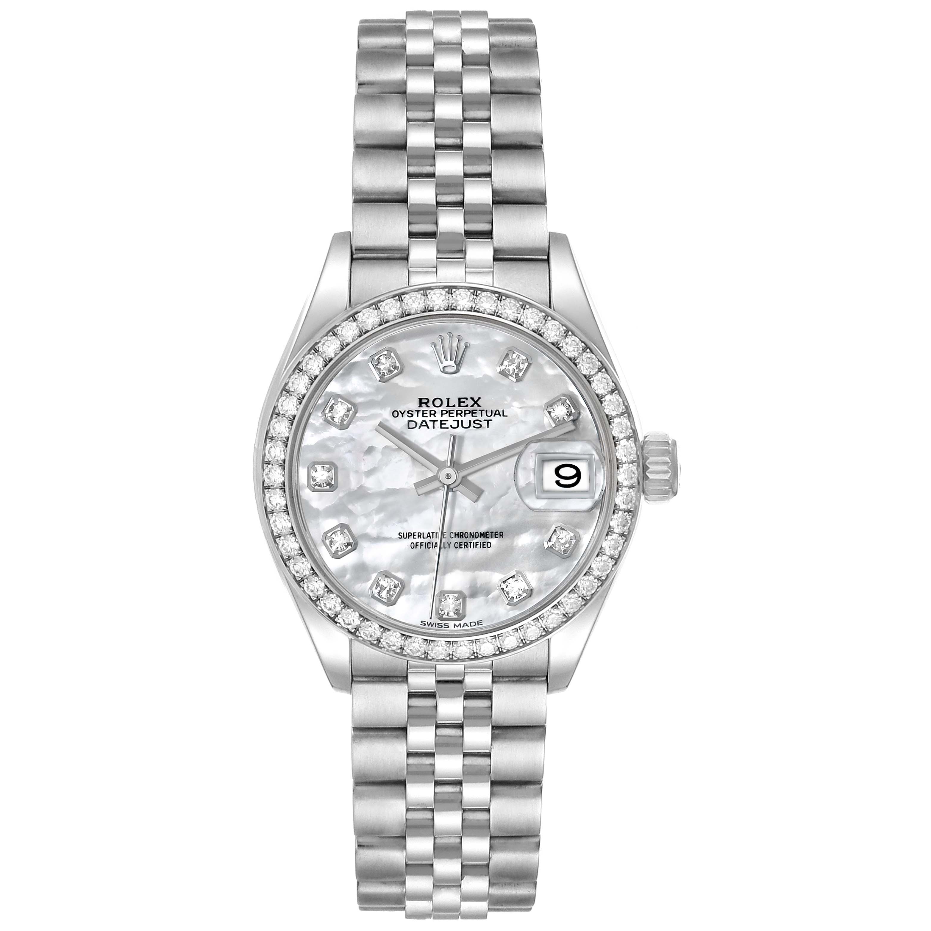 The Rolex Datejust 279384 Women's Stainless Steel Mother of Pearl Dial 279384 Women's Stainless Steel Mother of Pearl Dial watch is shown from the front, displaying its dial, bezel, bracelet, and crown.