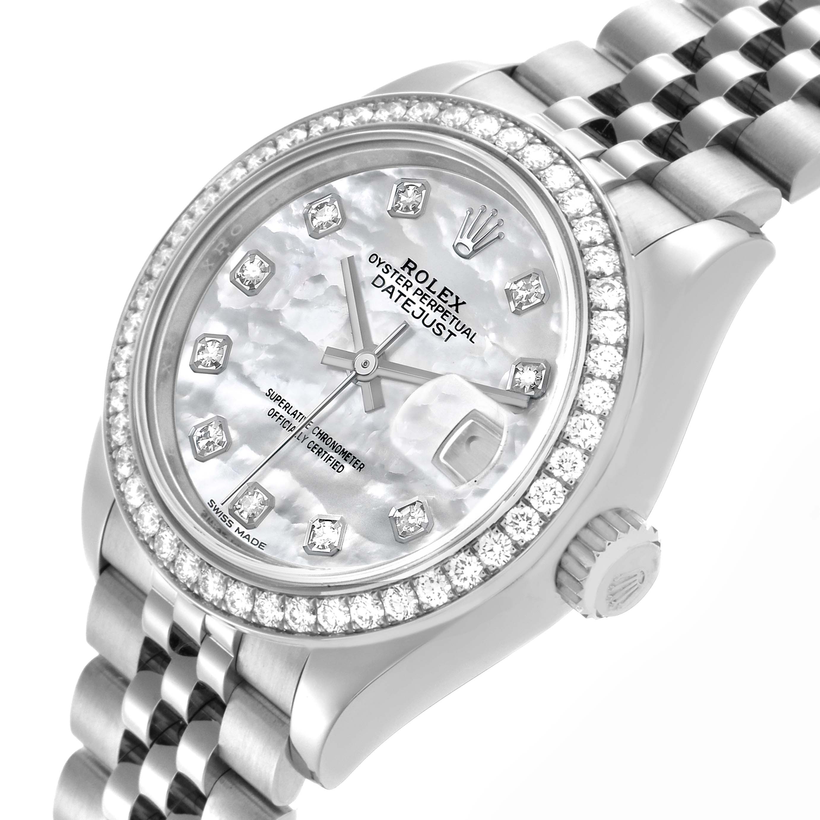 The Rolex Datejust 279384 Women's Stainless Steel Mother of Pearl Dial 279384 Women's Stainless Steel Mother of Pearl Dial watch is shown at an angled side view, highlighting the face, bezel, and bracelet.