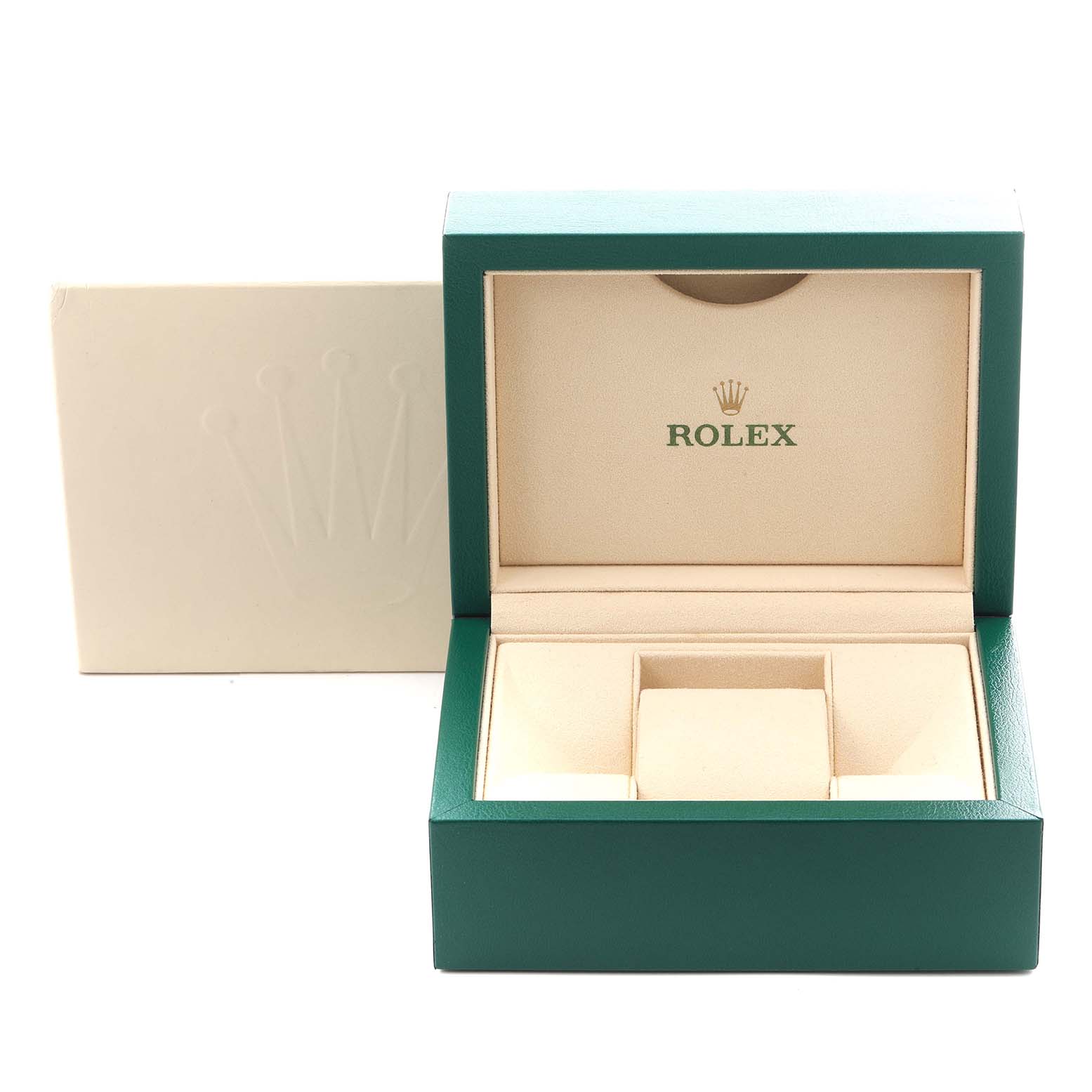 The image shows a Rolex Datejust 279384 Women's Stainless Steel Mother of Pearl Dial 279384 Women's Stainless Steel Mother of Pearl Dial watch box in green and beige, open to reveal its interior.