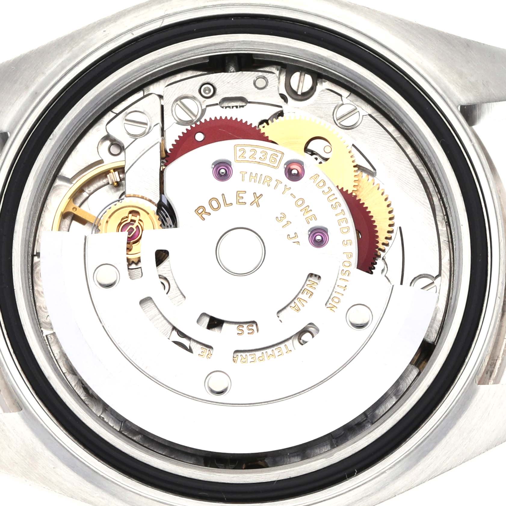 The image shows the movement of a Rolex Datejust 279384 Women's Stainless Steel Mother of Pearl Dial 279384 Women's Stainless Steel Mother of Pearl Dial model from a rear angle, highlighting gears and components.