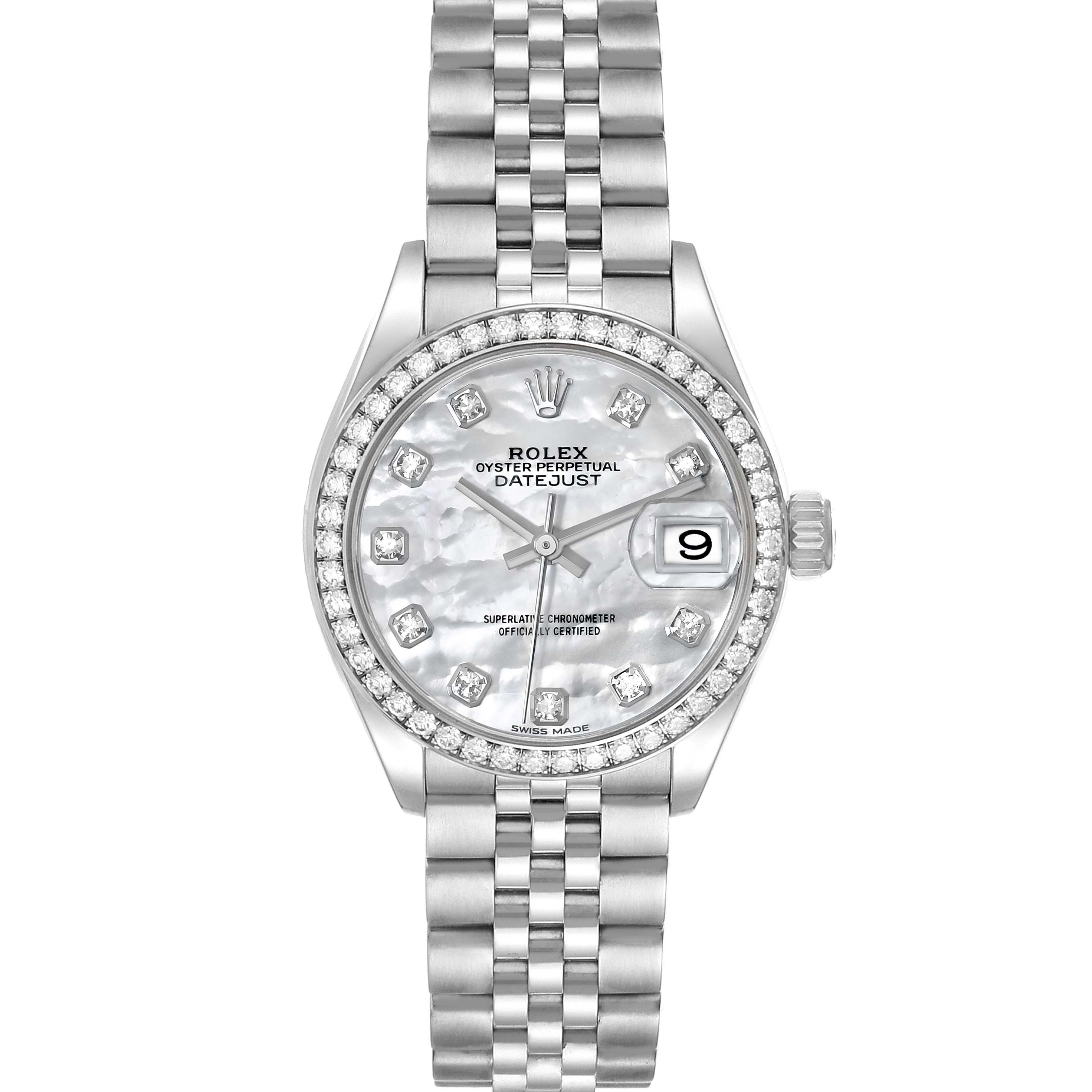 The Rolex Datejust 279384 Women's Stainless Steel Mother of Pearl Dial 279384 Women's Stainless Steel Mother of Pearl Dial watch is shown from a top-down angle, highlighting the face, bezel, bracelet, and crown.
