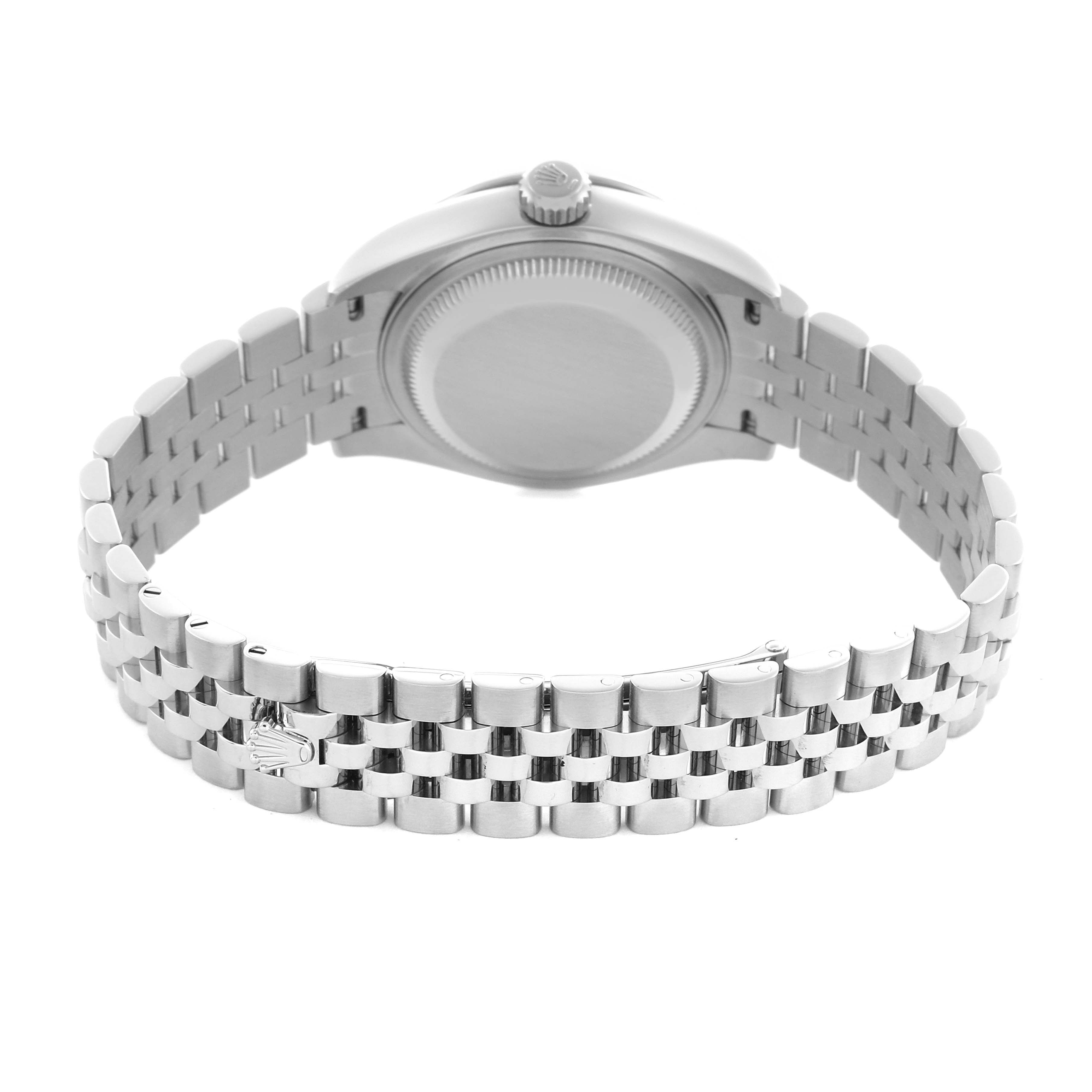 The image shows the back view of a Rolex Datejust 279384 Women's Stainless Steel Mother of Pearl Dial 279384 Women's Stainless Steel Mother of Pearl Dial watch, highlighting its bracelet and case back.