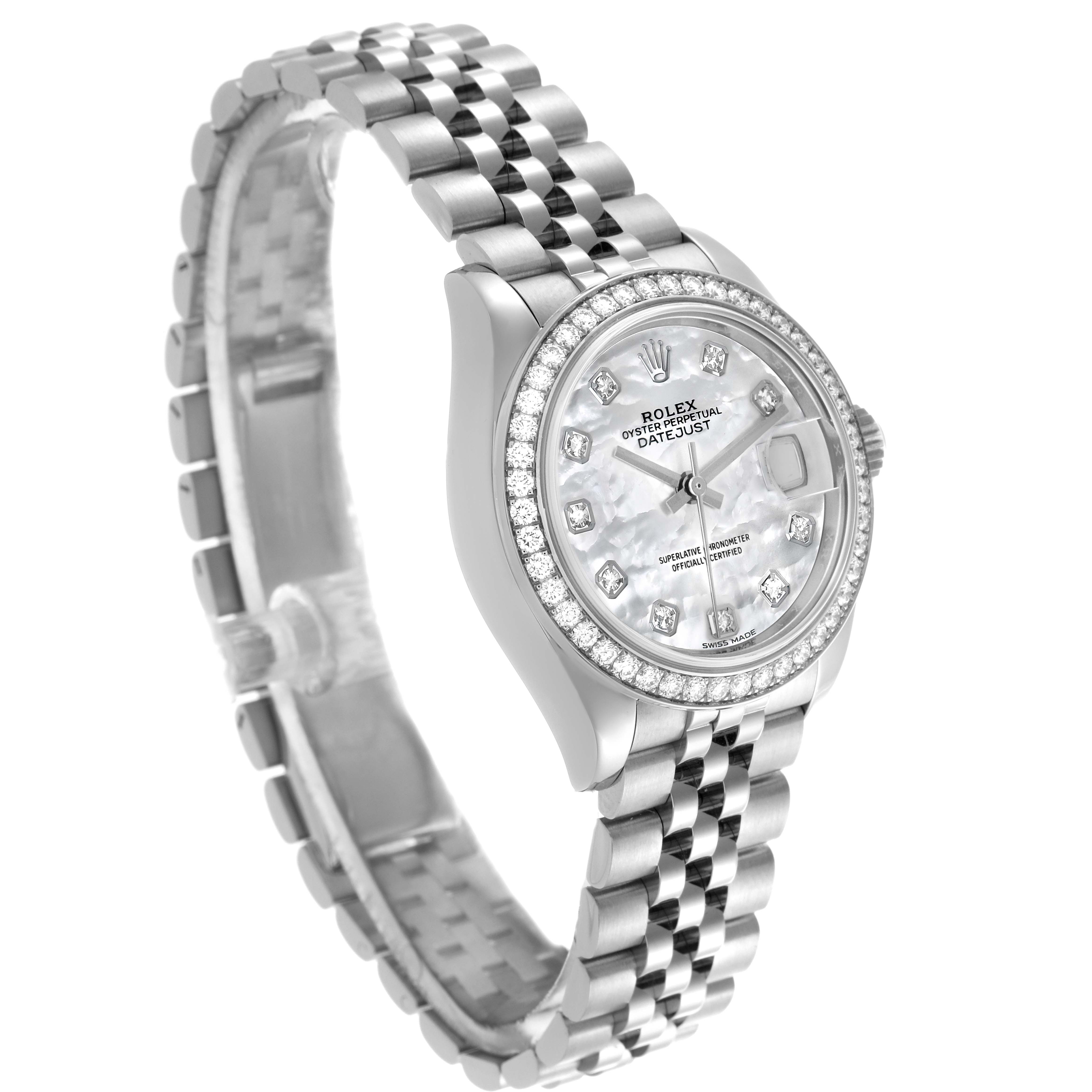The Rolex Datejust 279384 Women's Stainless Steel Mother of Pearl Dial 279384 Women's Stainless Steel Mother of Pearl Dial watch is shown from an angled side view, highlighting the dial, bezel, and bracelet.