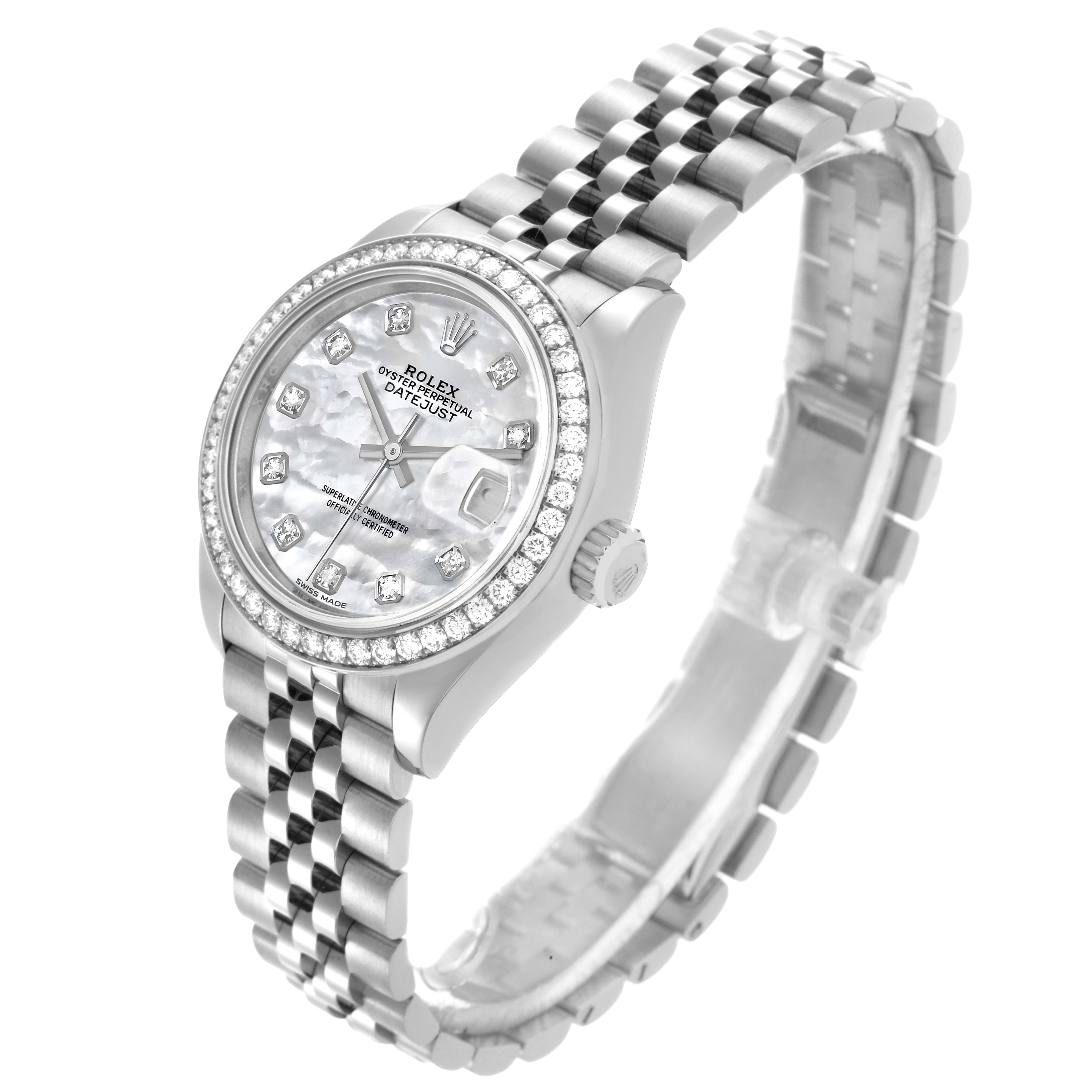The Rolex Datejust 279384 Women's Stainless Steel Mother of Pearl Dial 279384 Women's Stainless Steel Mother of Pearl Dial is shown at a slight angle, highlighting the face, bezel, crown, and bracelet.