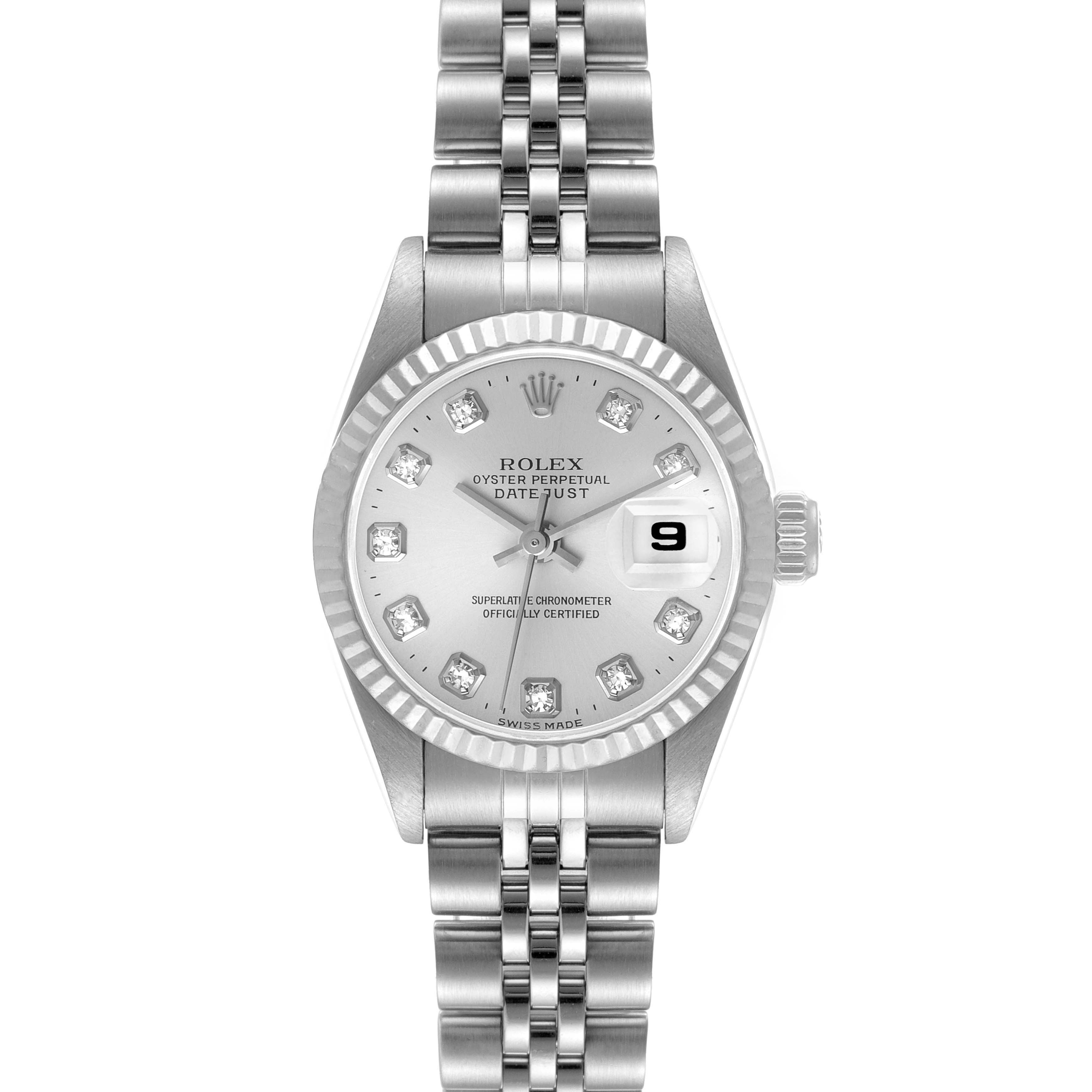 This image shows a front view of a Rolex Datejust 69174 Women
s Stainless Steel Silver Dial 69174 Women
s Stainless Steel Silver Dial watch featuring the dial, bezel, crown, and bracelet.
