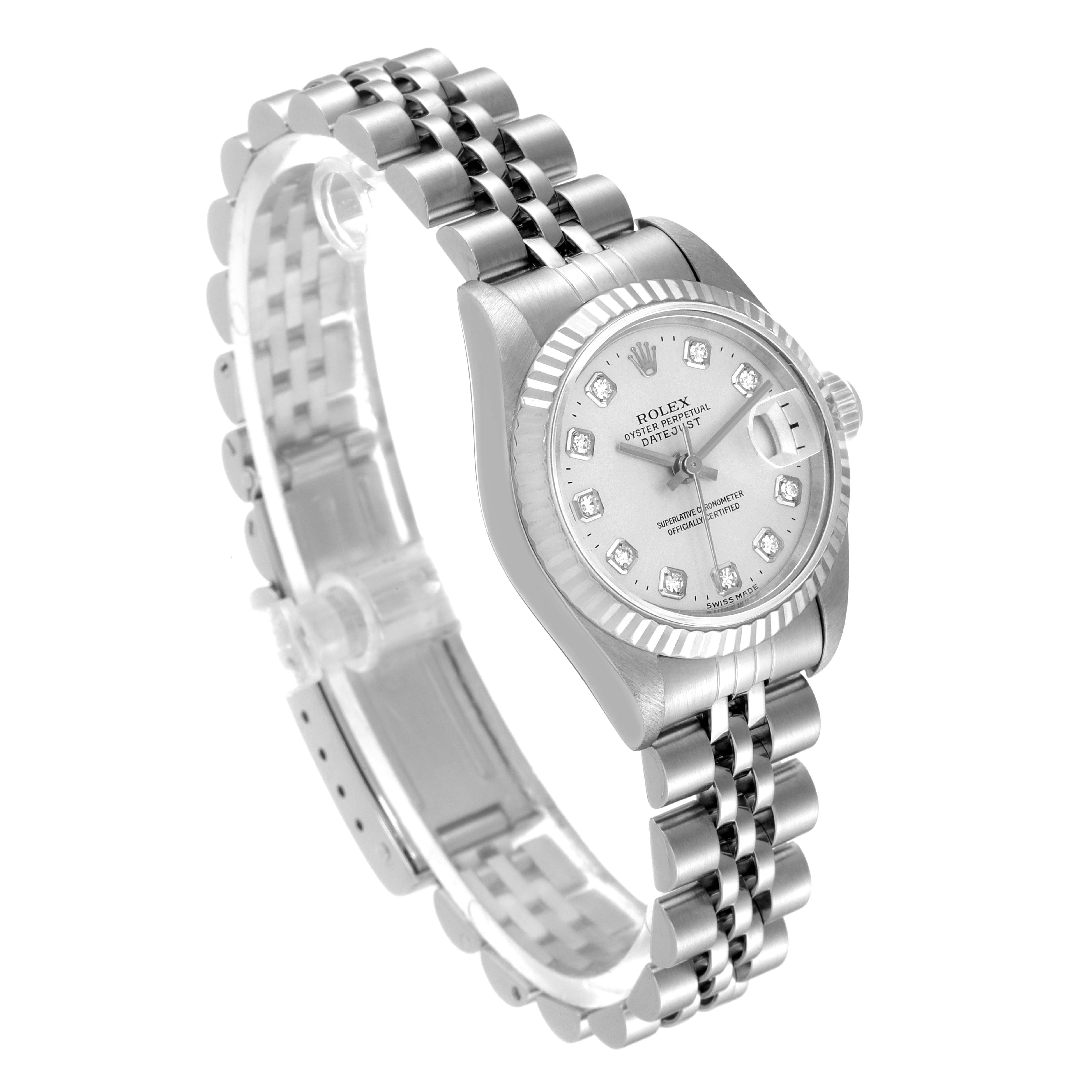 The image shows a side-angle view of a Rolex Datejust 69174 Women
s Stainless Steel Silver Dial 69174 Women
s Stainless Steel Silver Dial watch, highlighting its stainless steel jubilee bracelet and diamond-set dial.