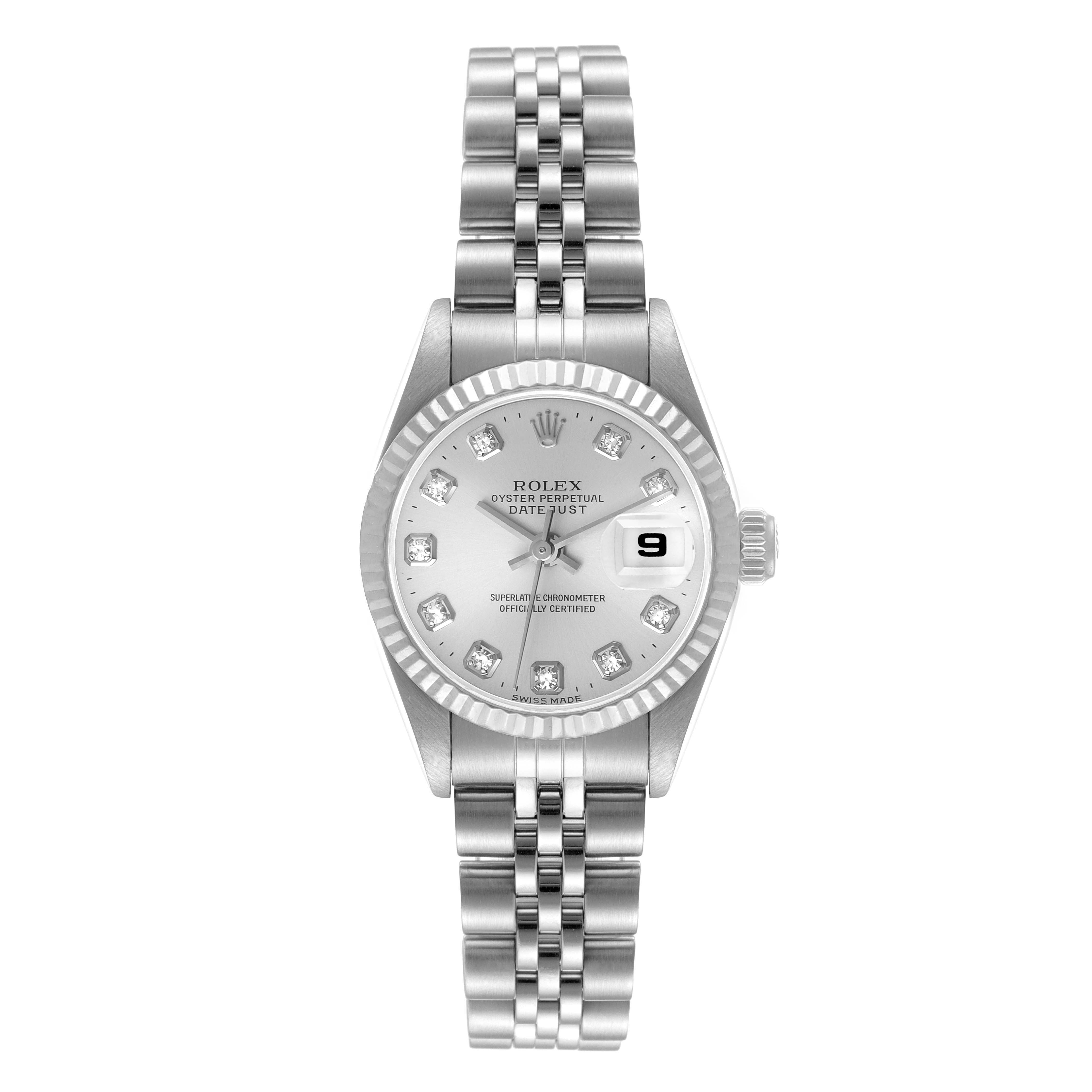 This is a front view of a Rolex Datejust 69174 Women
s Stainless Steel Silver Dial 69174 Women
s Stainless Steel Silver Dial watch showing the dial, bezel, case, and bracelet.