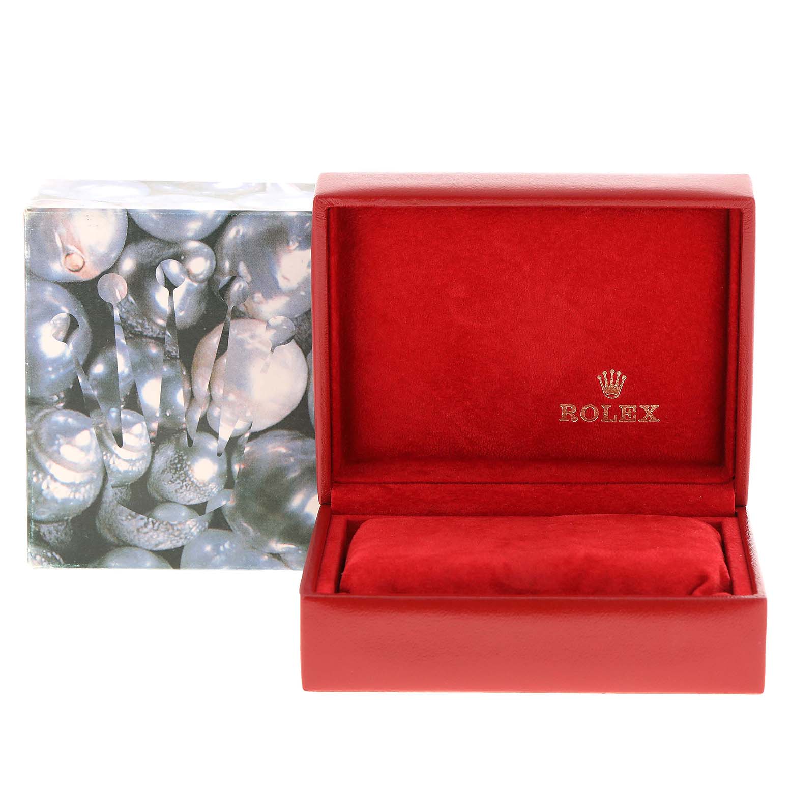 An open Rolex Datejust 69174 Women
s Stainless Steel Silver Dial 69174 Women
s Stainless Steel Silver Dial watch box is shown, with a red interior and Rolex branding visible.