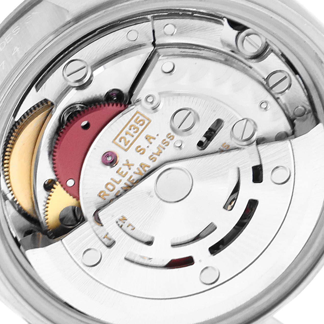 The image shows a close-up of the movement components inside a Rolex Datejust 69174 Women
s Stainless Steel Silver Dial 69174 Women
s Stainless Steel Silver Dial watch.