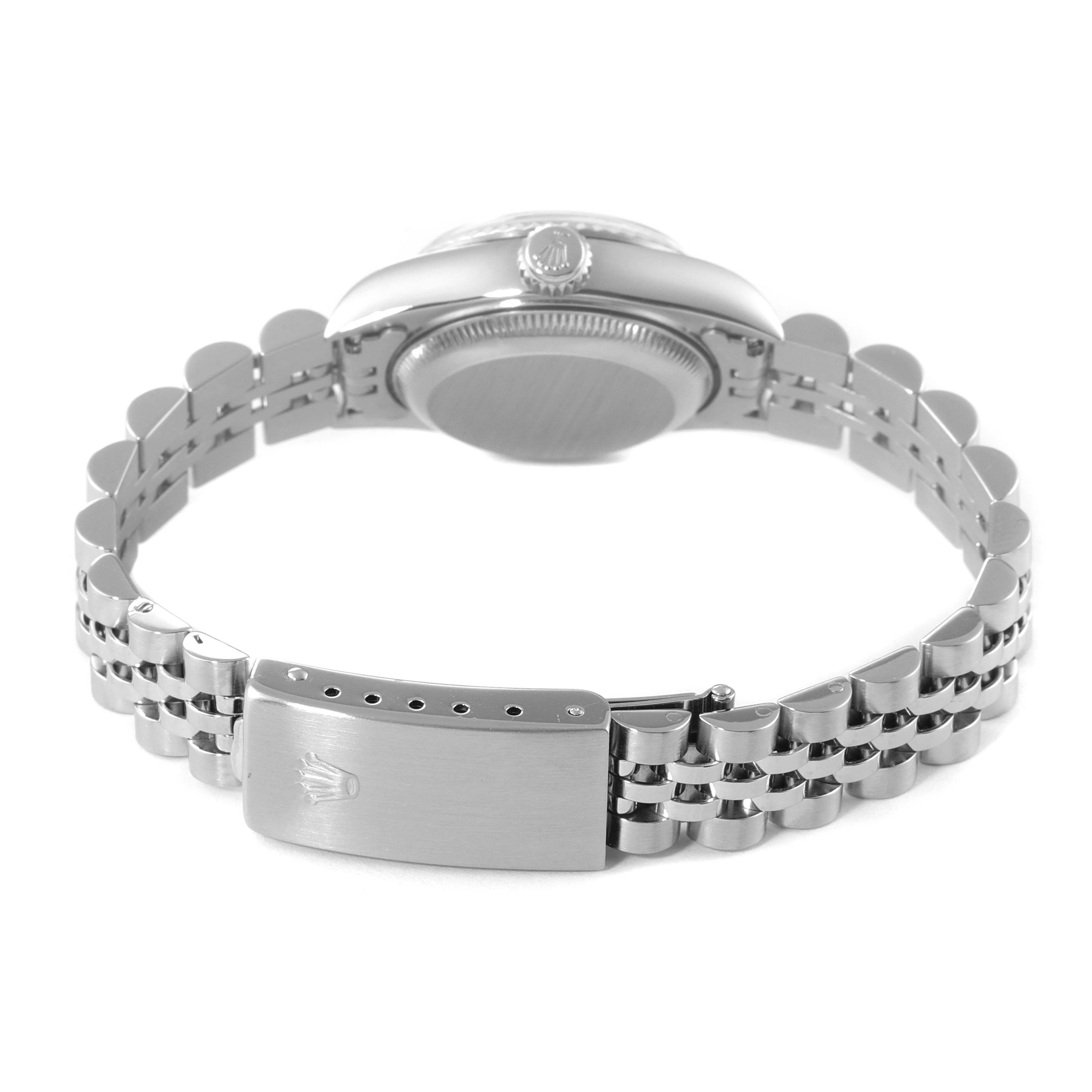 The image shows the back and bracelet of a Rolex Datejust 69174 Women
s Stainless Steel Silver Dial 69174 Women
s Stainless Steel Silver Dial watch, focusing on the clasp and case back.