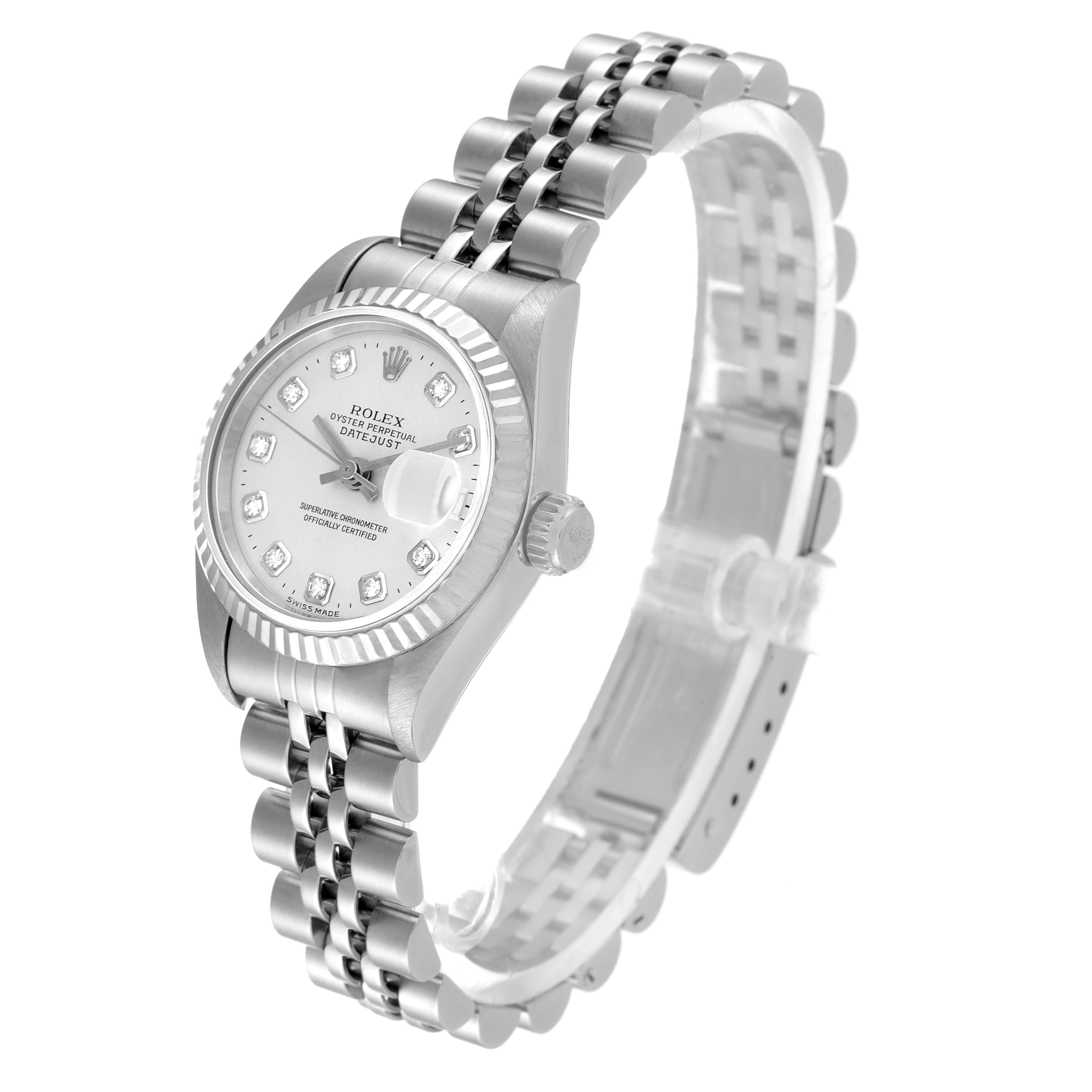 The Datejust Rolex watch is shown at an angle displaying the face, crown, bezel, and bracelet.