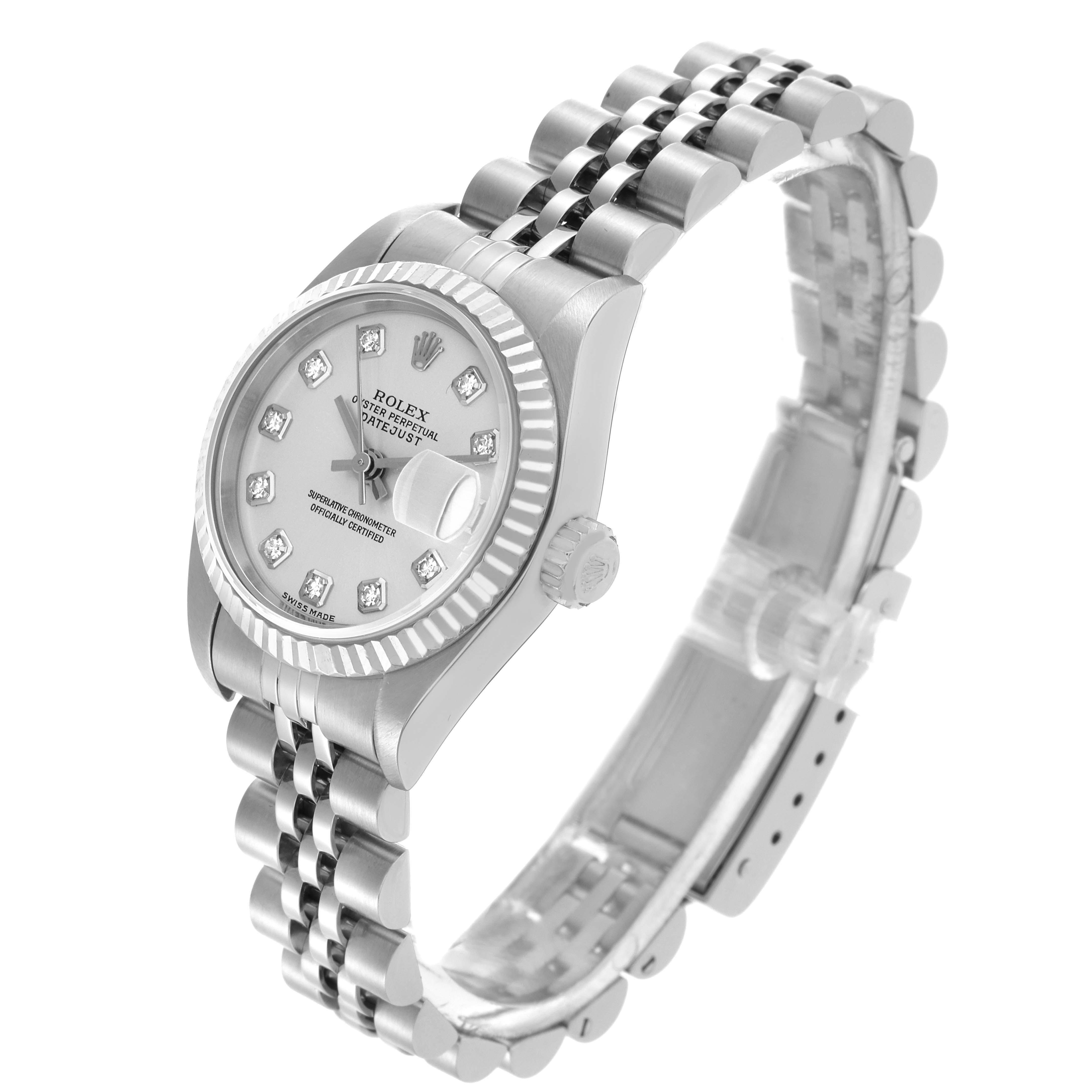 The Rolex Datejust 79174 Women's Stainless Steel Silver Dial 79174 Women's Stainless Steel Silver Dial watch is shown at a three-quarter angle, displaying the face, bracelet, and crown.