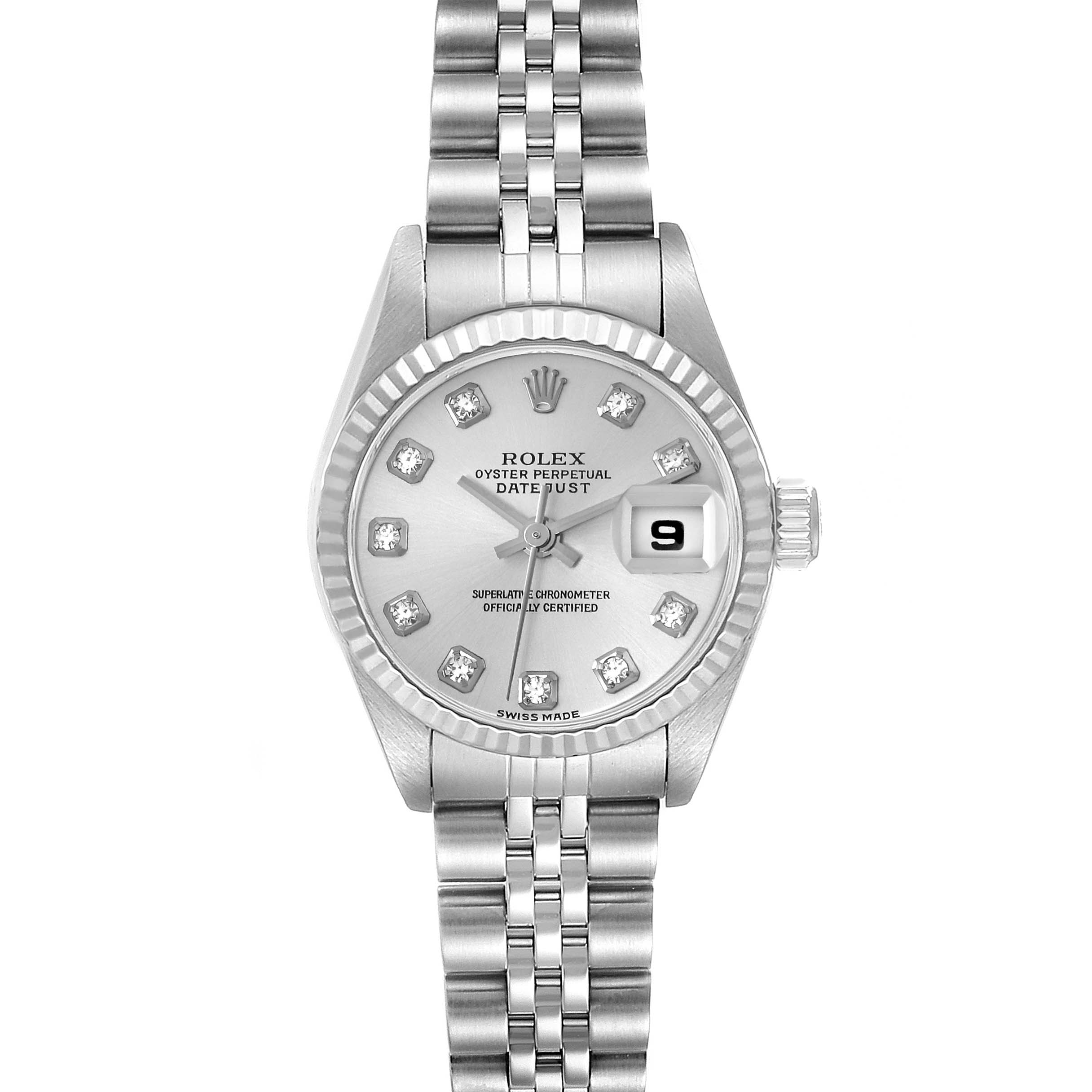 The Rolex Datejust 79174 Women's Stainless Steel Silver Dial 79174 Women's Stainless Steel Silver Dial watch is shown from a top-down angle, highlighting the dial, bracelet, and fluted bezel.