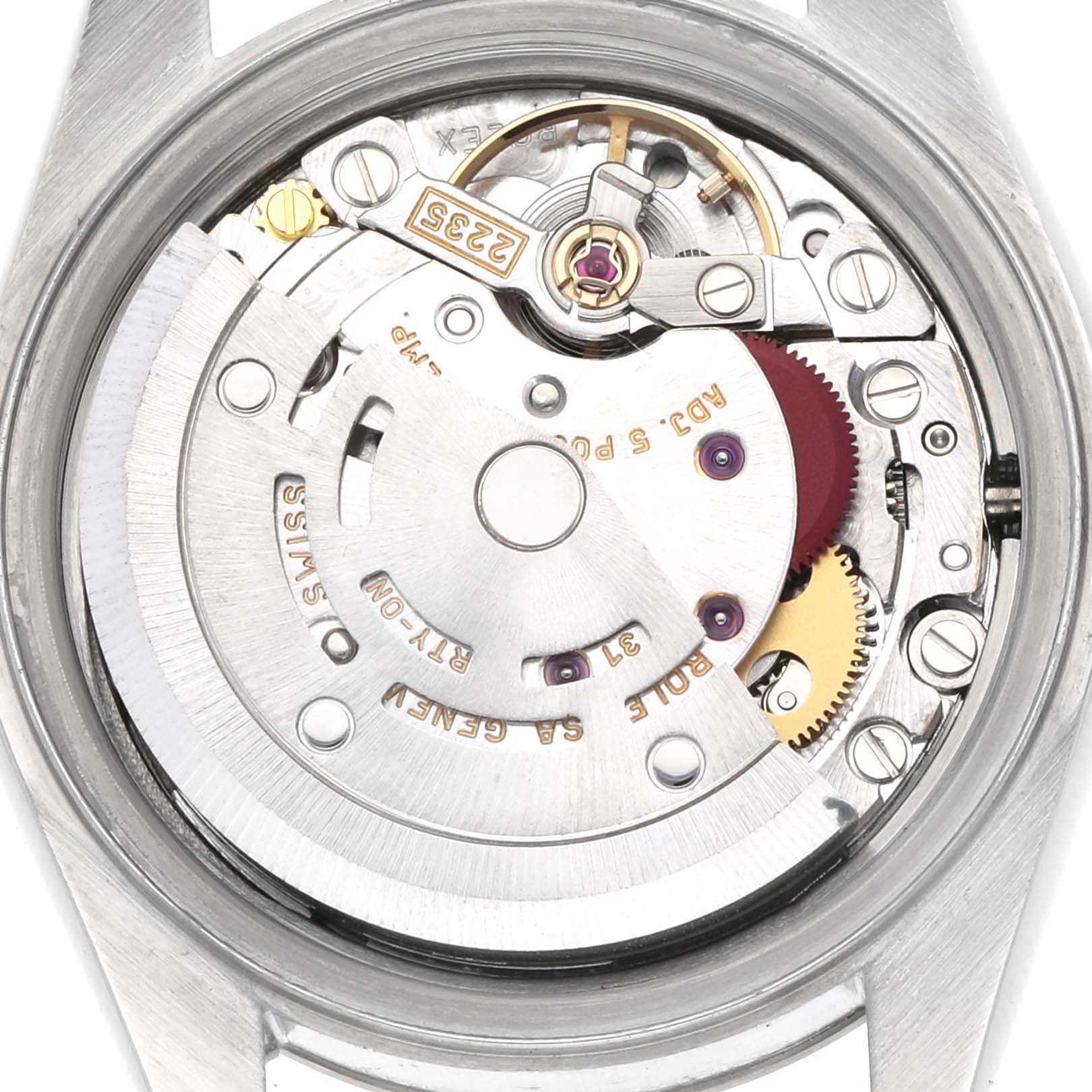 The image shows the back view of a Rolex Datejust 79174 Women's Stainless Steel Silver Dial 79174 Women's Stainless Steel Silver Dial model, highlighting its internal mechanical movement.