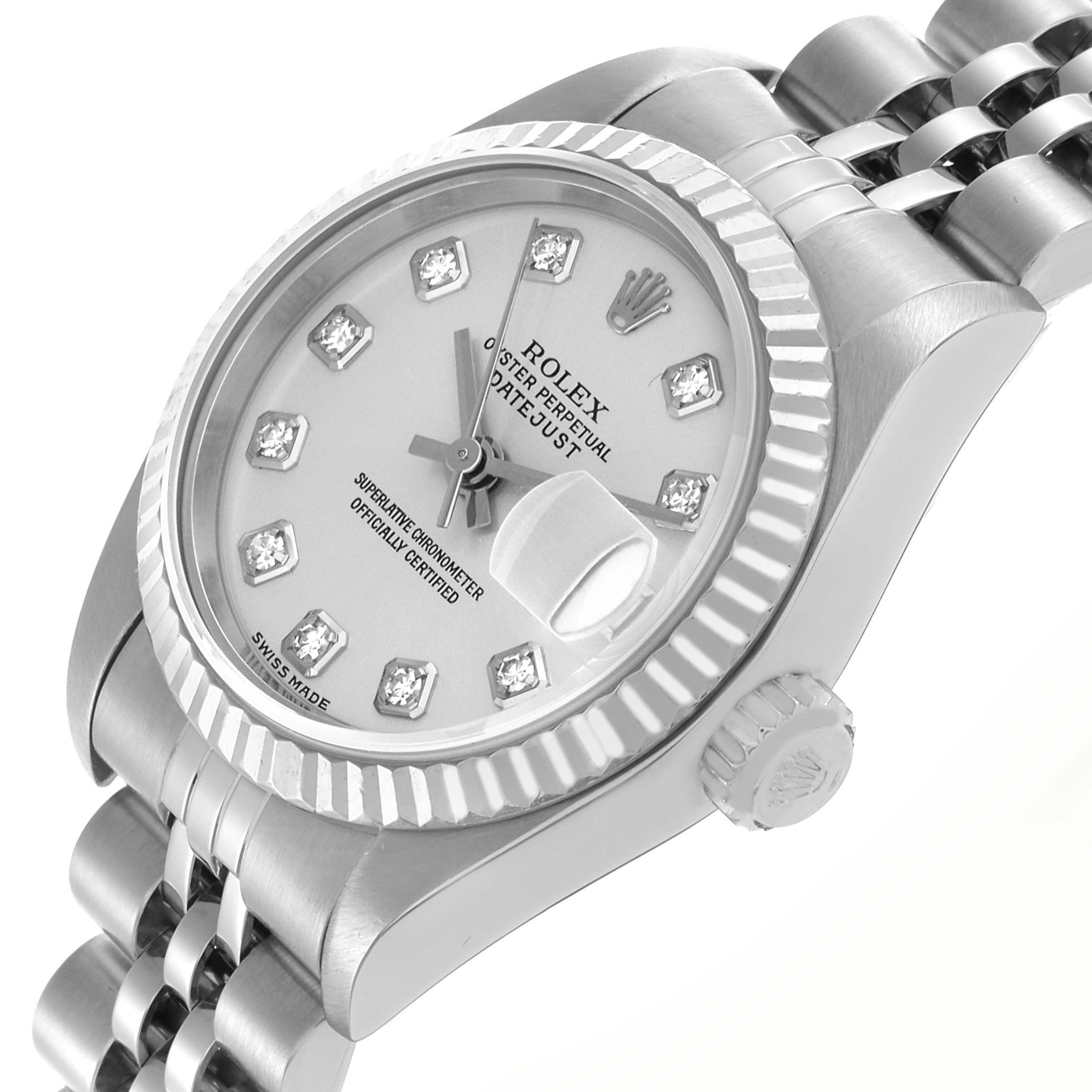 The image shows a Rolex Datejust 79174 Women's Stainless Steel Silver Dial 79174 Women's Stainless Steel Silver Dial watch from a side angle, highlighting the dial, bezel, crown, and part of the bracelet.