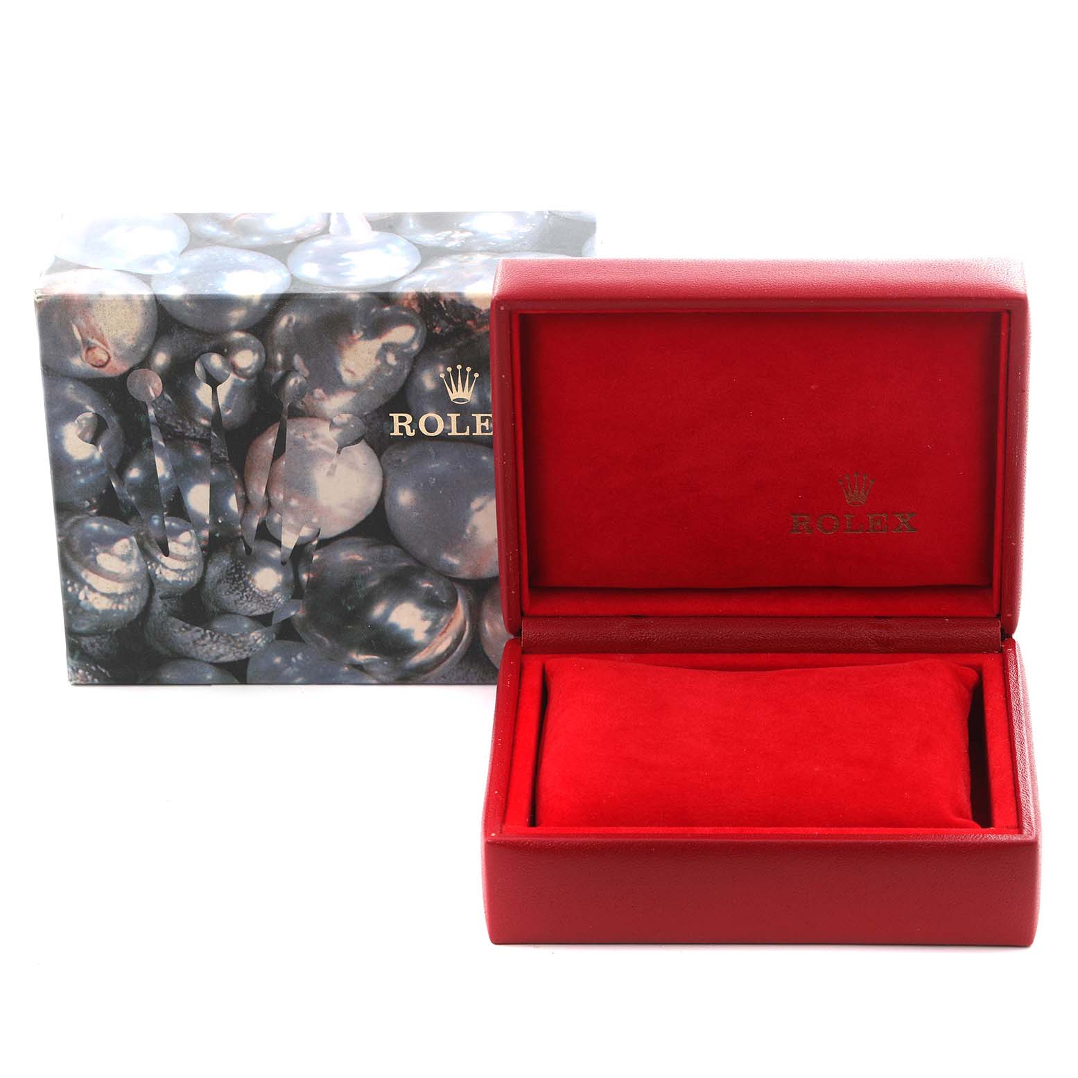 The image shows a Rolex Datejust 79174 Women's Stainless Steel Silver Dial 79174 Women's Stainless Steel Silver Dial model box and packaging at a straight-on angle, both featuring the brand logo.