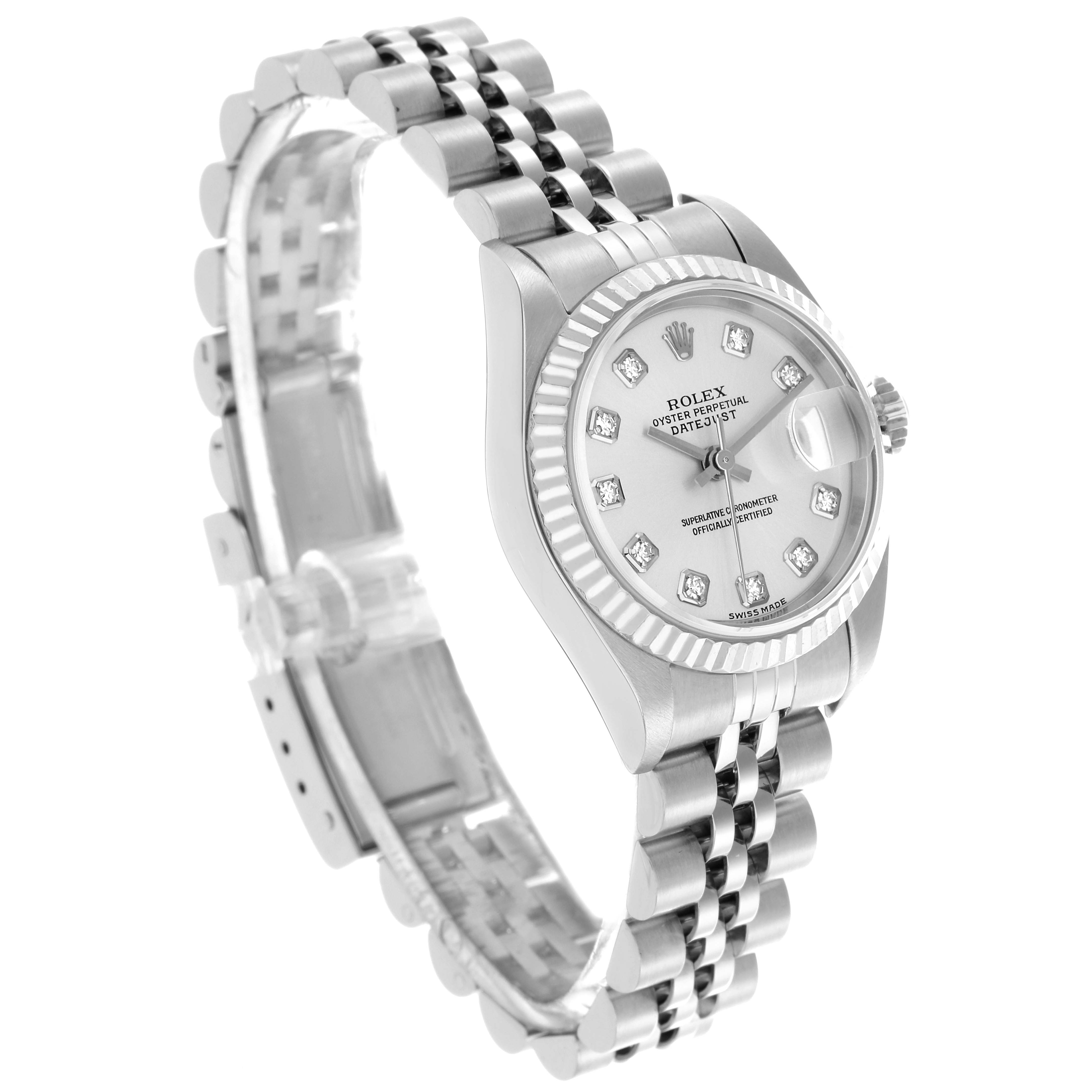 The Rolex Datejust 79174 Women's Stainless Steel Silver Dial 79174 Women's Stainless Steel Silver Dial is shown at a three-quarter angle, displaying the face, bezel, and Jubilee bracelet.
