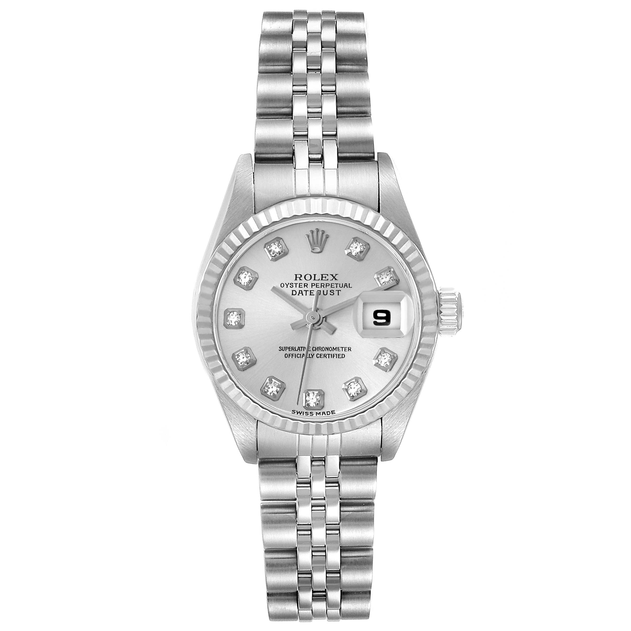 The Rolex Datejust 79174 Women's Stainless Steel Silver Dial 79174 Women's Stainless Steel Silver Dial watch is shown from a front angle, displaying its dial, fluted bezel, bracelet, and date window.