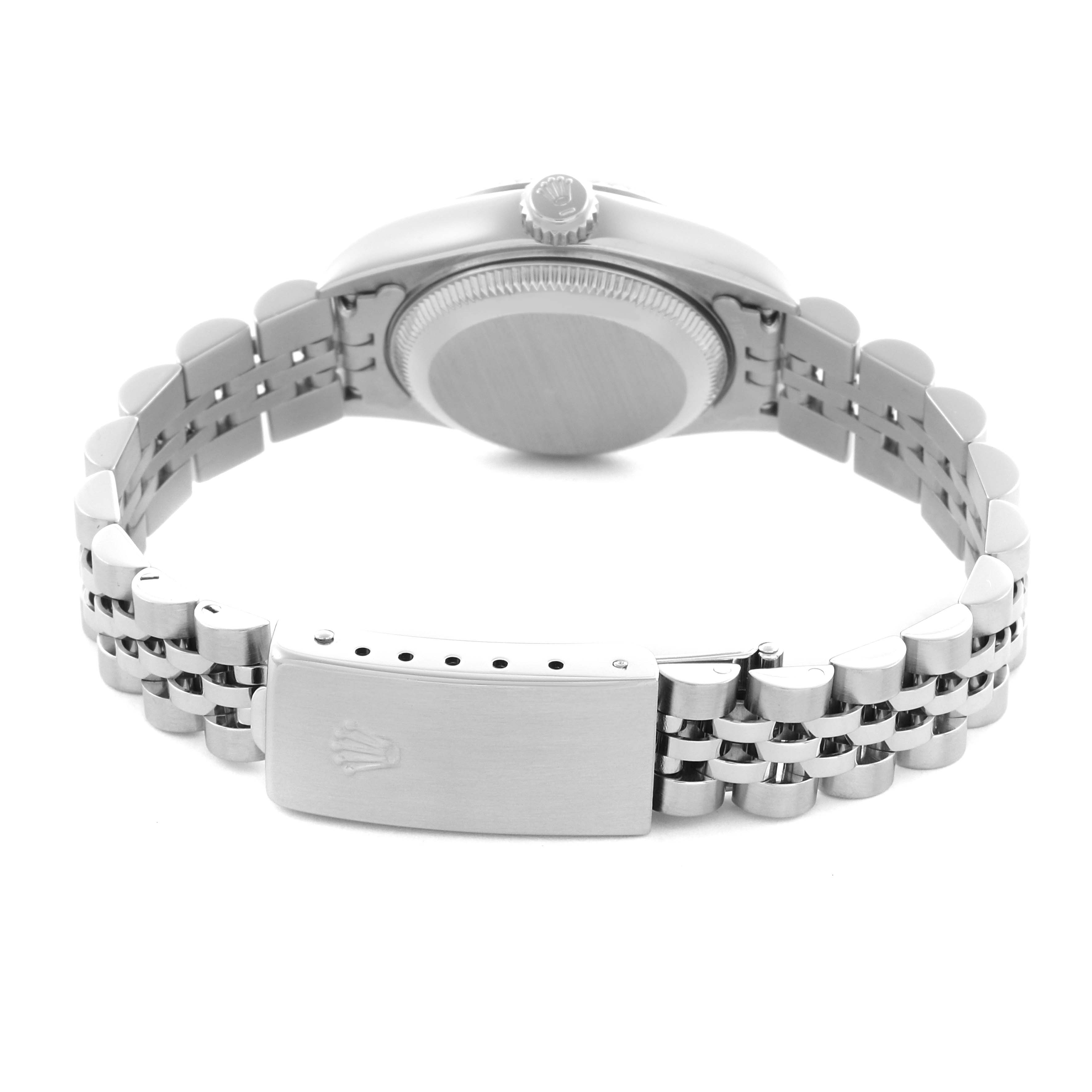 The image shows the back of a Rolex Datejust 79174 Women's Stainless Steel Silver Dial 79174 Women's Stainless Steel Silver Dial, highlighting the bracelet, clasp, and watch case back.