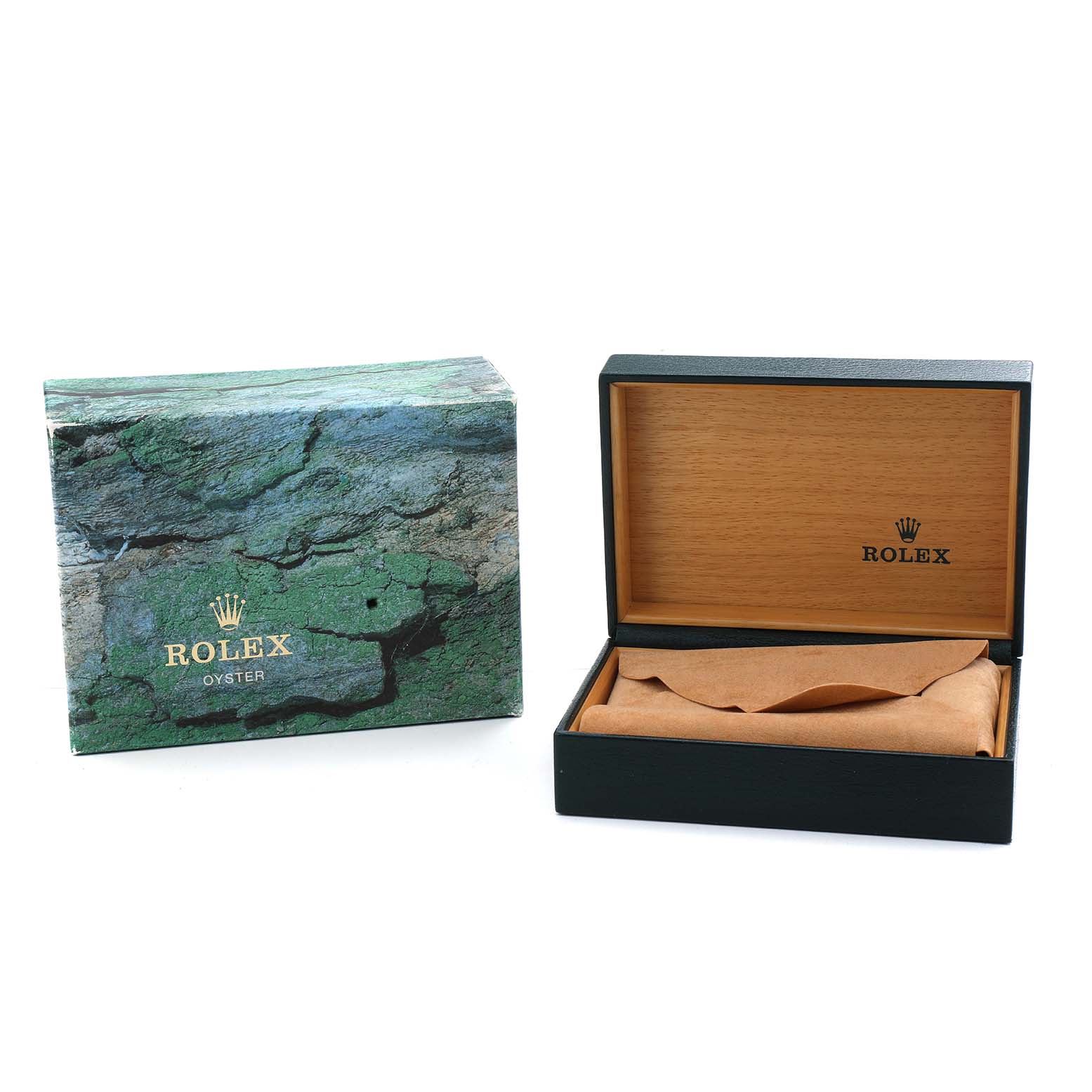 The image shows a Rolex Datejust 16234 Men's Stainless Steel Silver Dial watch box and outer case, with the inner box open displaying its interior.