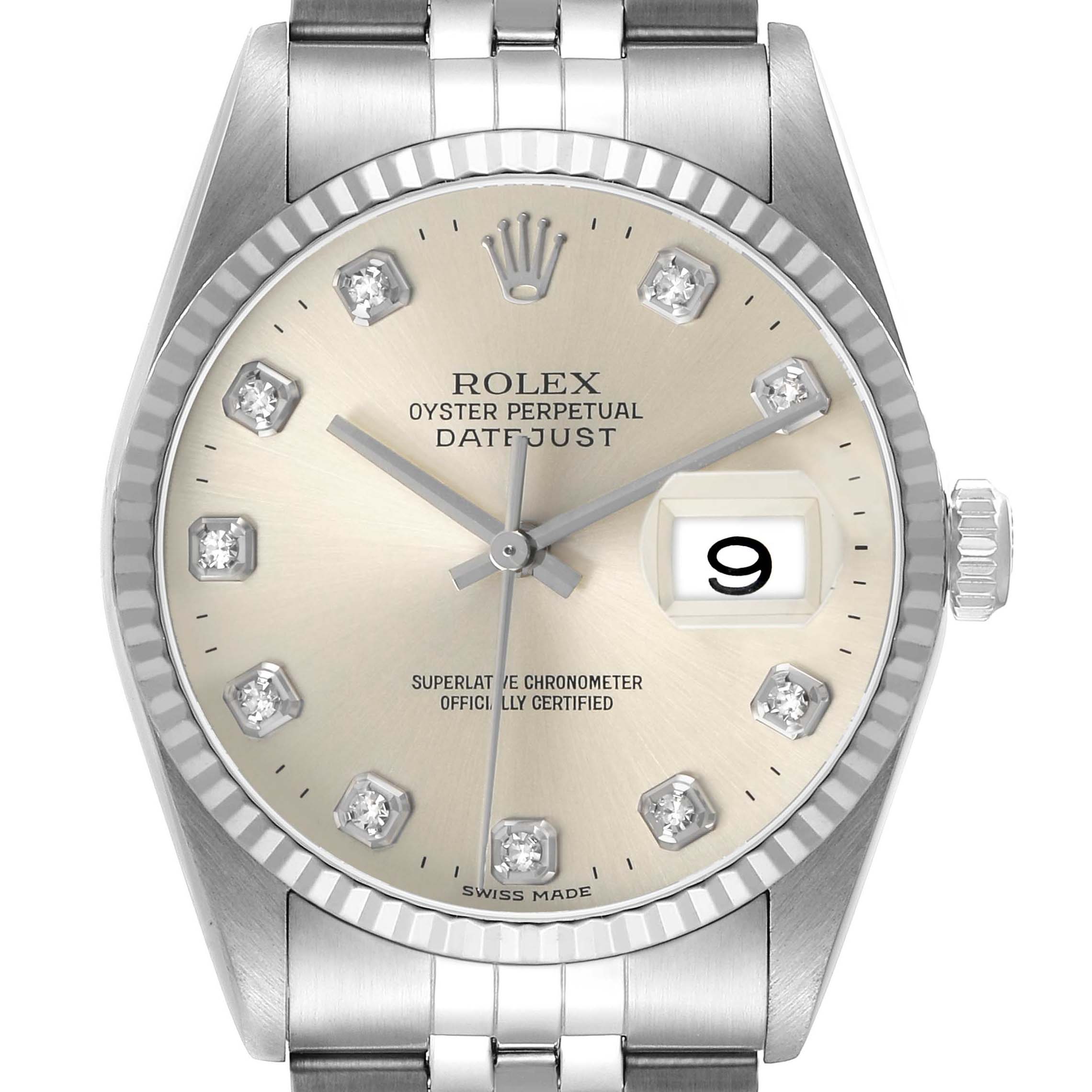 The Rolex Datejust 16234 Men's Stainless Steel Silver Dial watch is shown from the front, displaying the dial, bezel, crown, and part of the bracelet.
