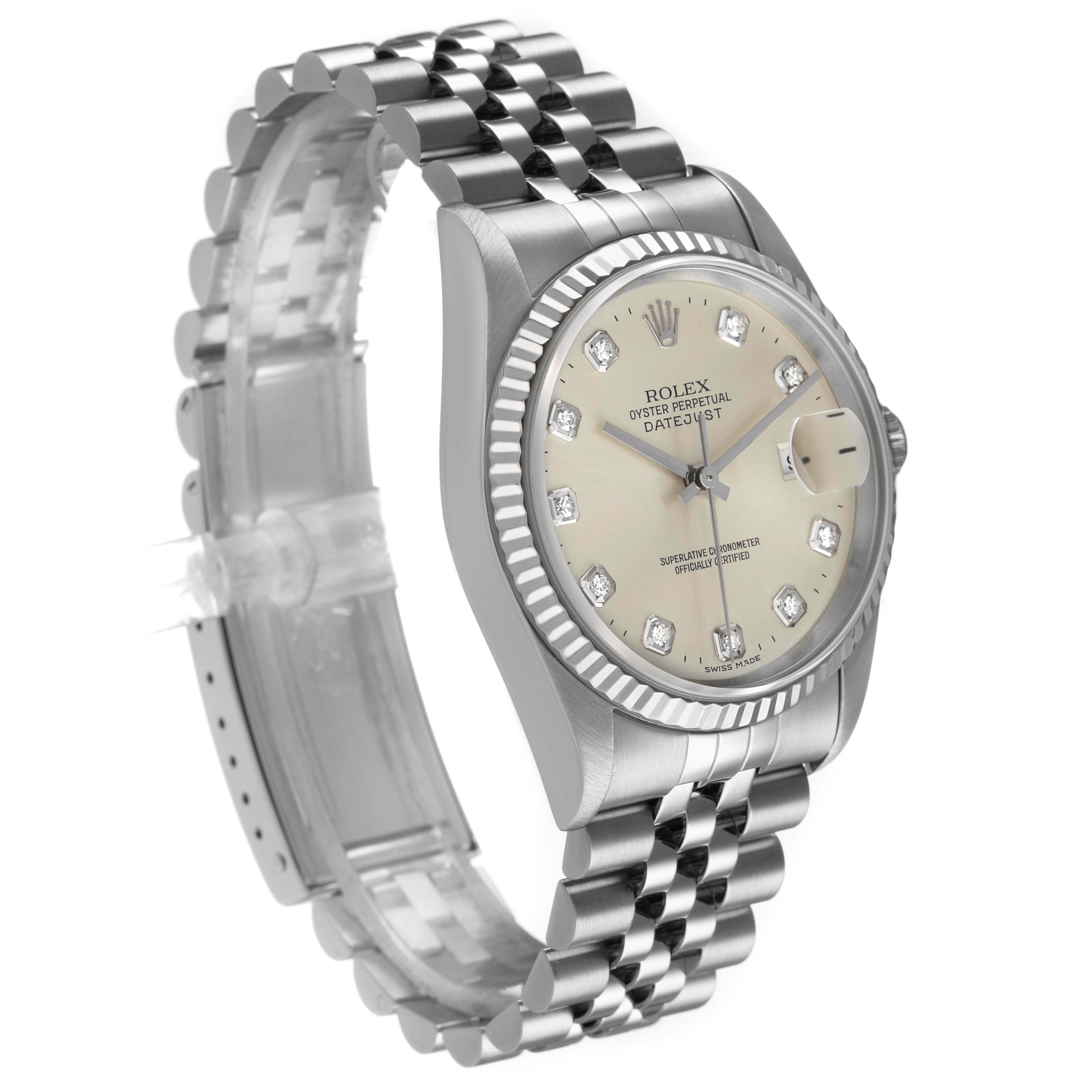 The Rolex Datejust 16234 Men's Stainless Steel Silver Dial watch is shown at a three-quarter angle, highlighting the dial, fluted bezel, Jubilee bracelet, and date window.