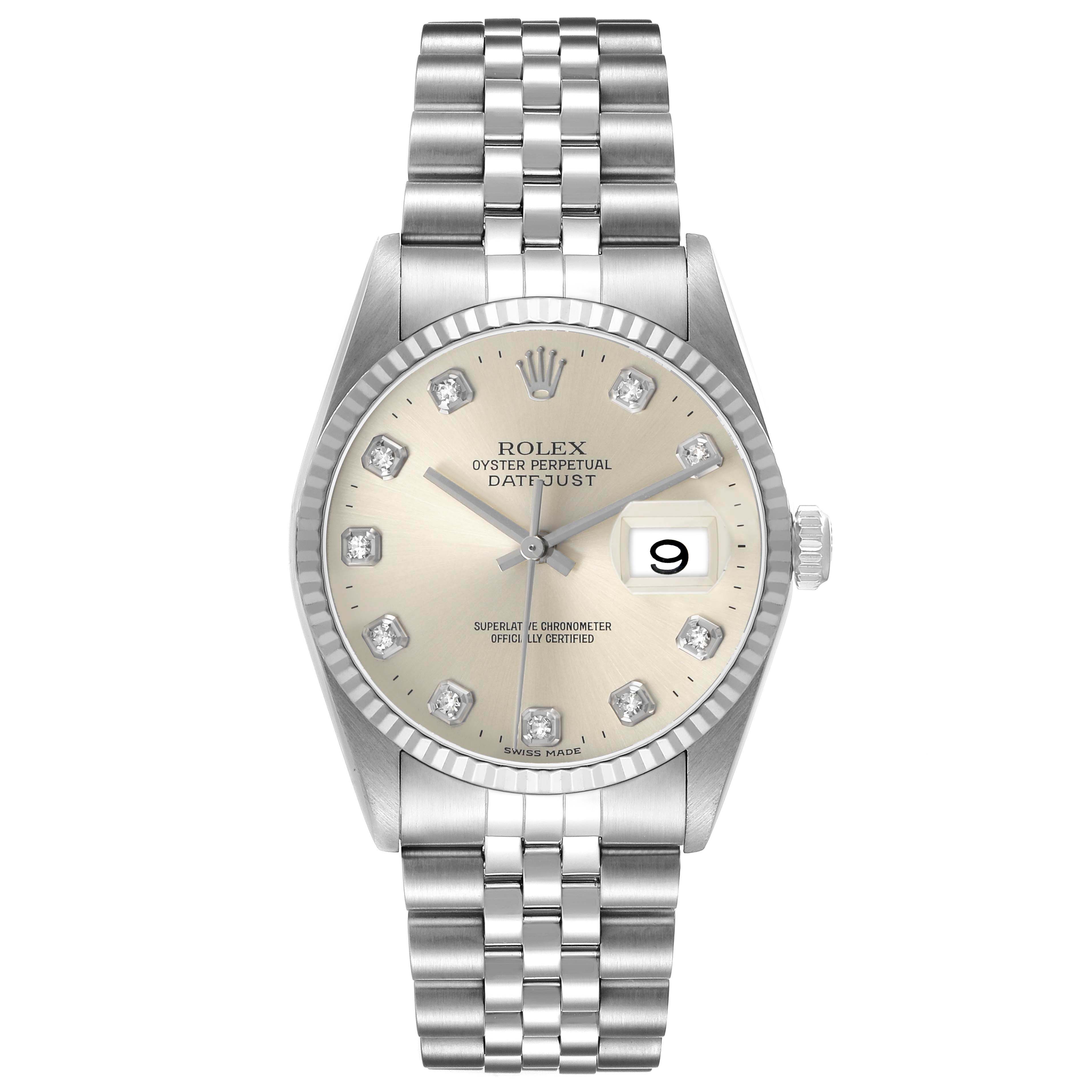 The Rolex Datejust 16234 Men's Stainless Steel Silver Dial watch is shown from a top-down angle, displaying its face, bezel, and bracelet.